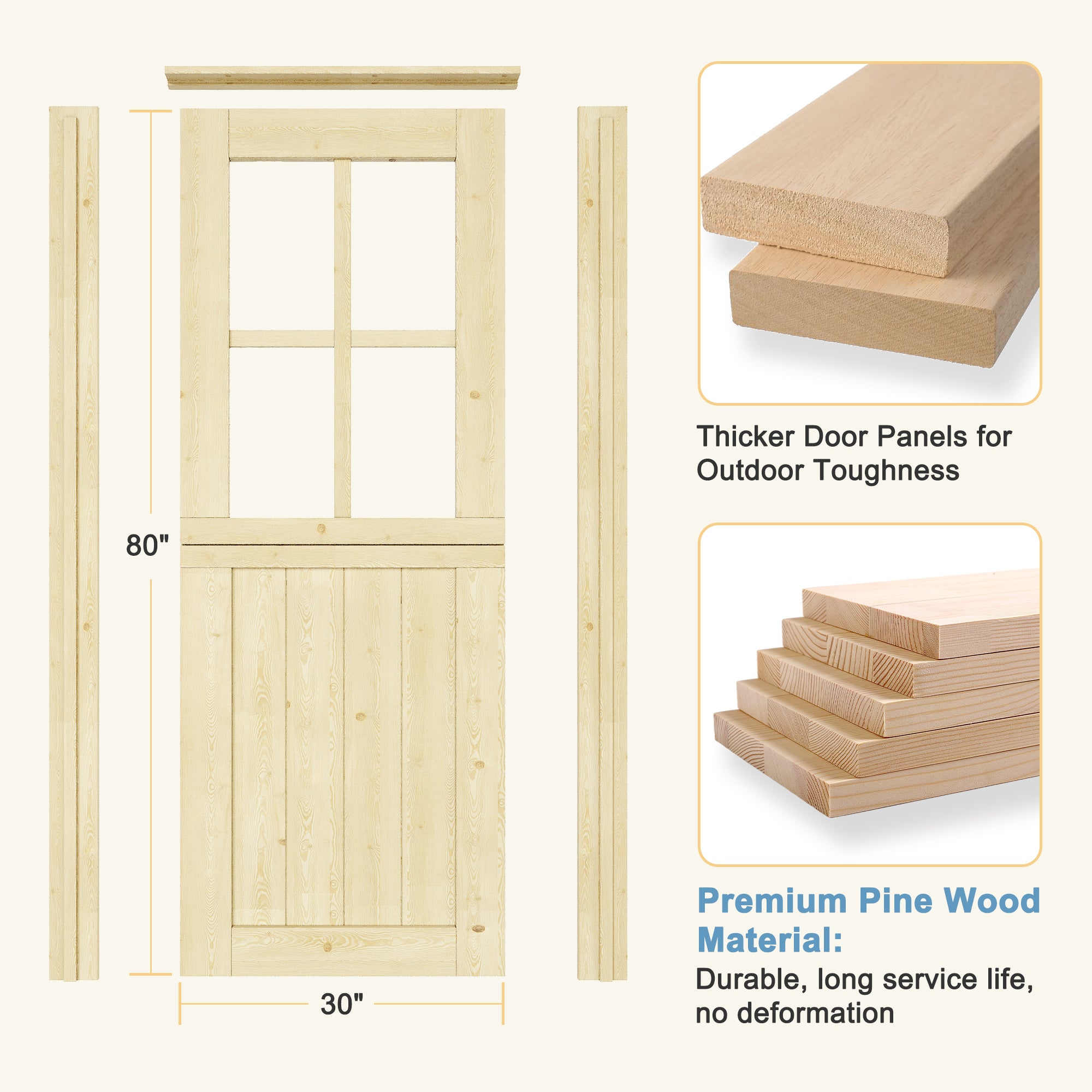 Ark Design Solid Pine Universal 4 Lite Clear Glass Unfinished Dutch Door, Pine Wood Front Door with/without Ready-to-Assemble Jamb