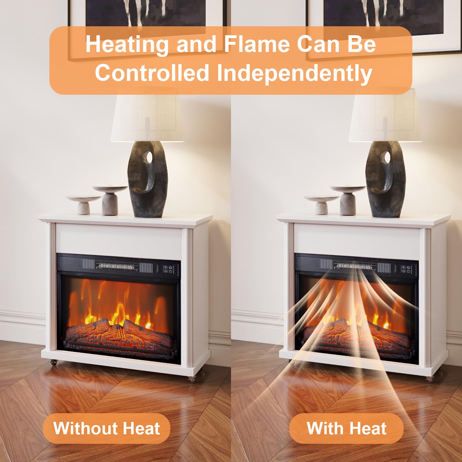 Electric Fireplace Mantel with 23" Fireplace Insert, Small Wooden Surround Firebox TV Stand Faux Log with Removable Wheels, Remote Control Adjustable Led Flame 750W-1500W, White