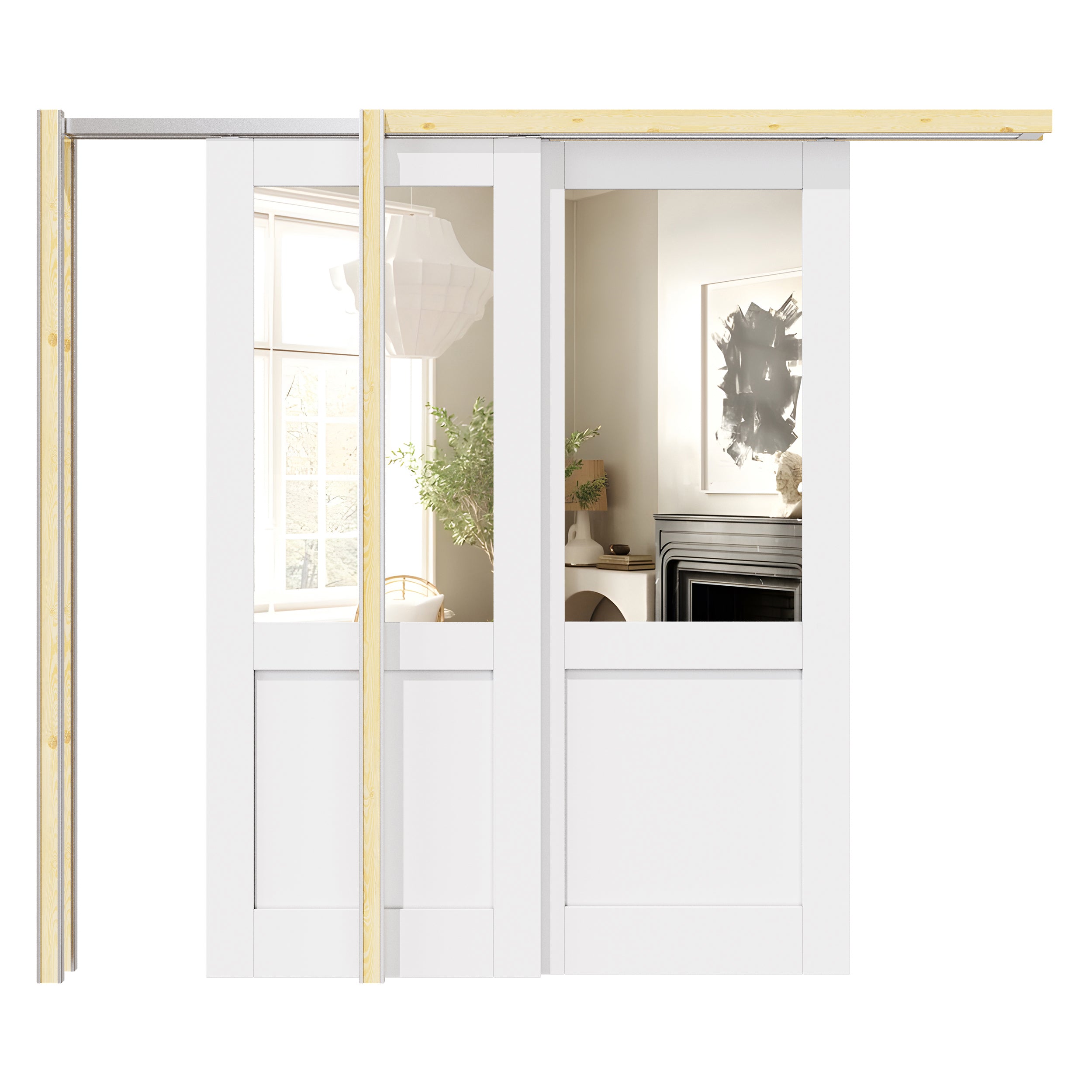 Ark Design Half Lite Mirror Double Bypass Pocket Door with Hardware Kit & Soft Close & Frame, Solid Core MDF Wood & Paint-grade Finished, White