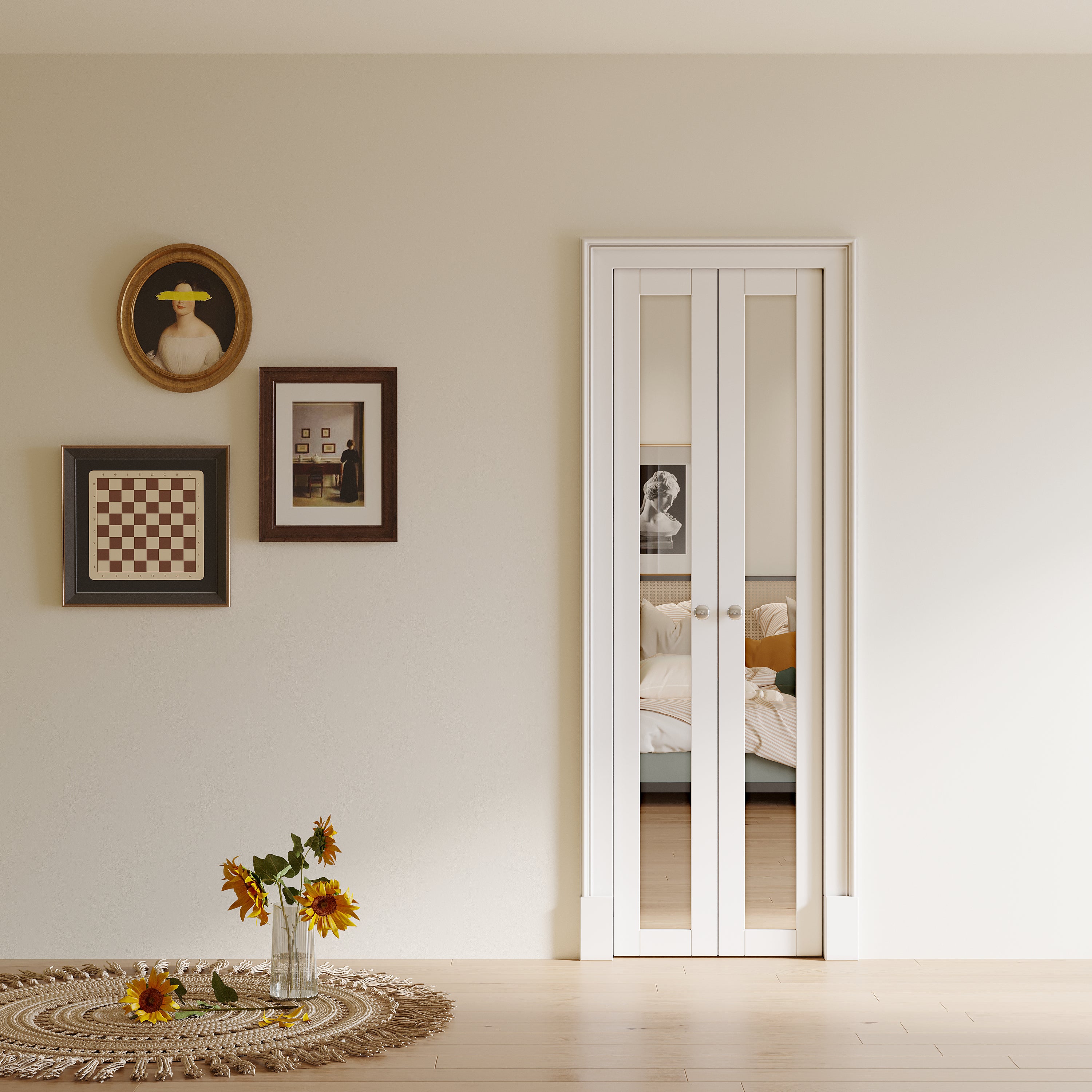 Ark Design 1-Lite Mirror French Pivot Door with Hardware Kit, Solid Core MDF Wood & PVC Covered Finished, White