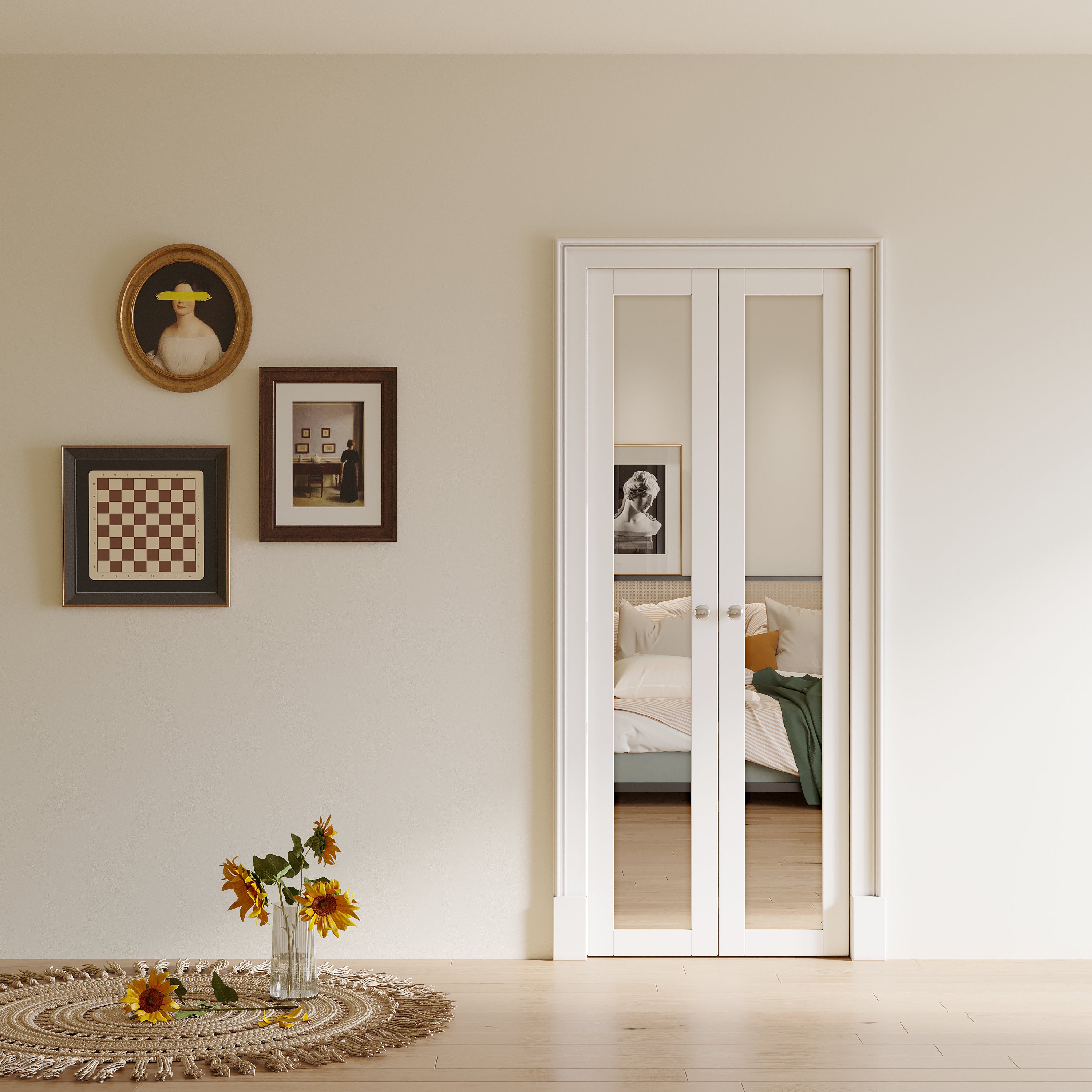 Ark Design 1-Lite Mirror French Pivot Door with Hardware Kit, Solid Core MDF Wood & PVC Covered Finished, White