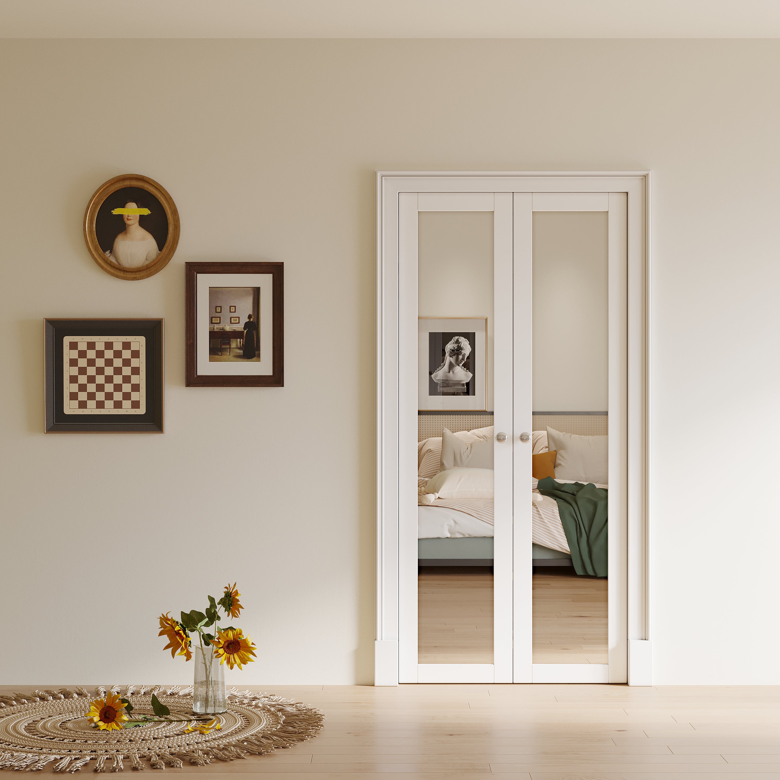Ark Design 1-Lite Mirror French Pivot Door with Hardware Kit, Solid Core MDF Wood & PVC Covered Finished, White