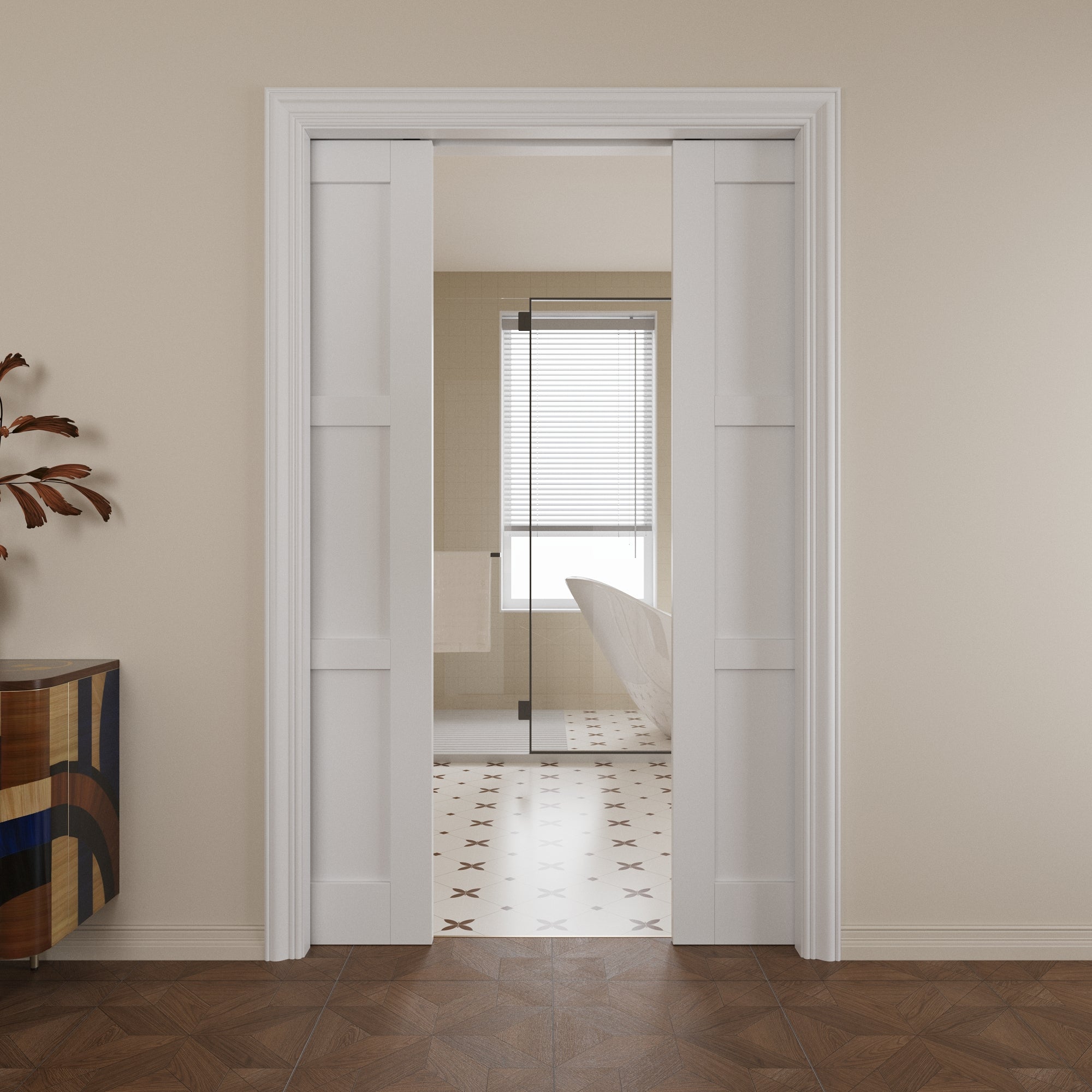 Ark Design 3 lite Panel Pocket Door with Hardware Kit & Soft Close & Frame, Solid Core MDF Wood & Paint-grade Finished, White