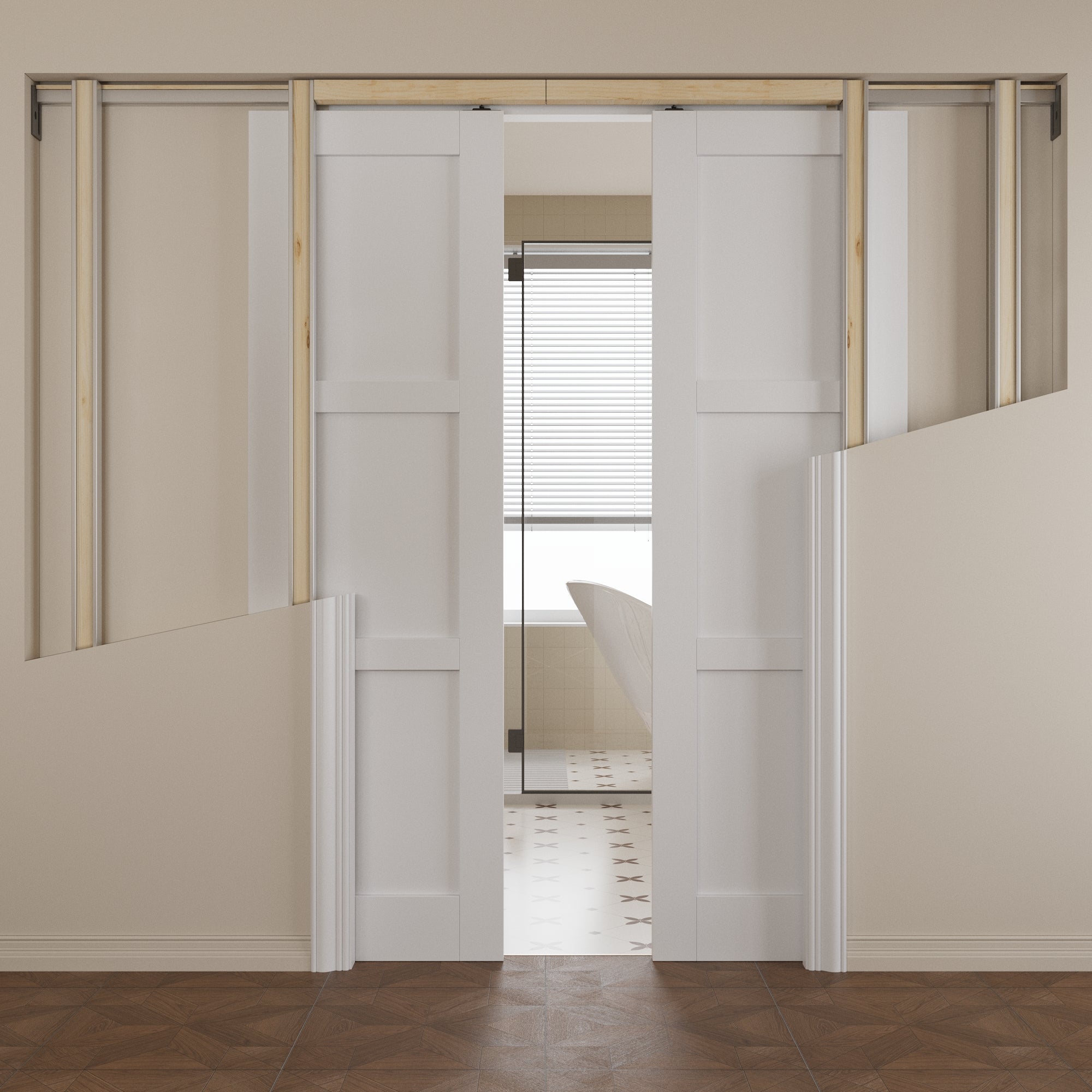 Ark Design 3 lite Panel Pocket Door with Hardware Kit & Soft Close & Frame, Solid Core MDF Wood & Paint-grade Finished, White