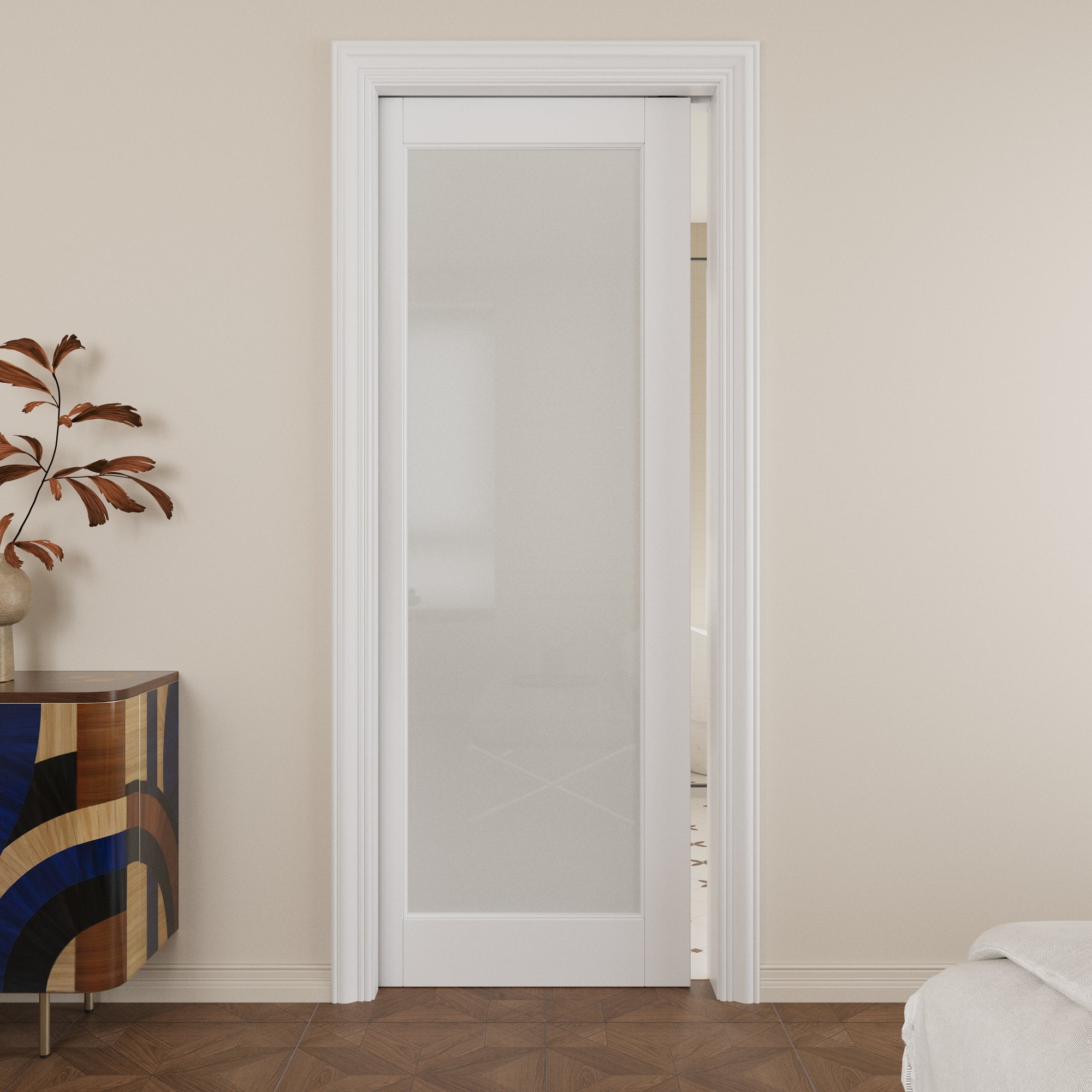 Ark Design Tempered Frosted Glass Pocket Door with Hardware Kit & Soft Close, MDF Wood & Paint-grade Finished, White