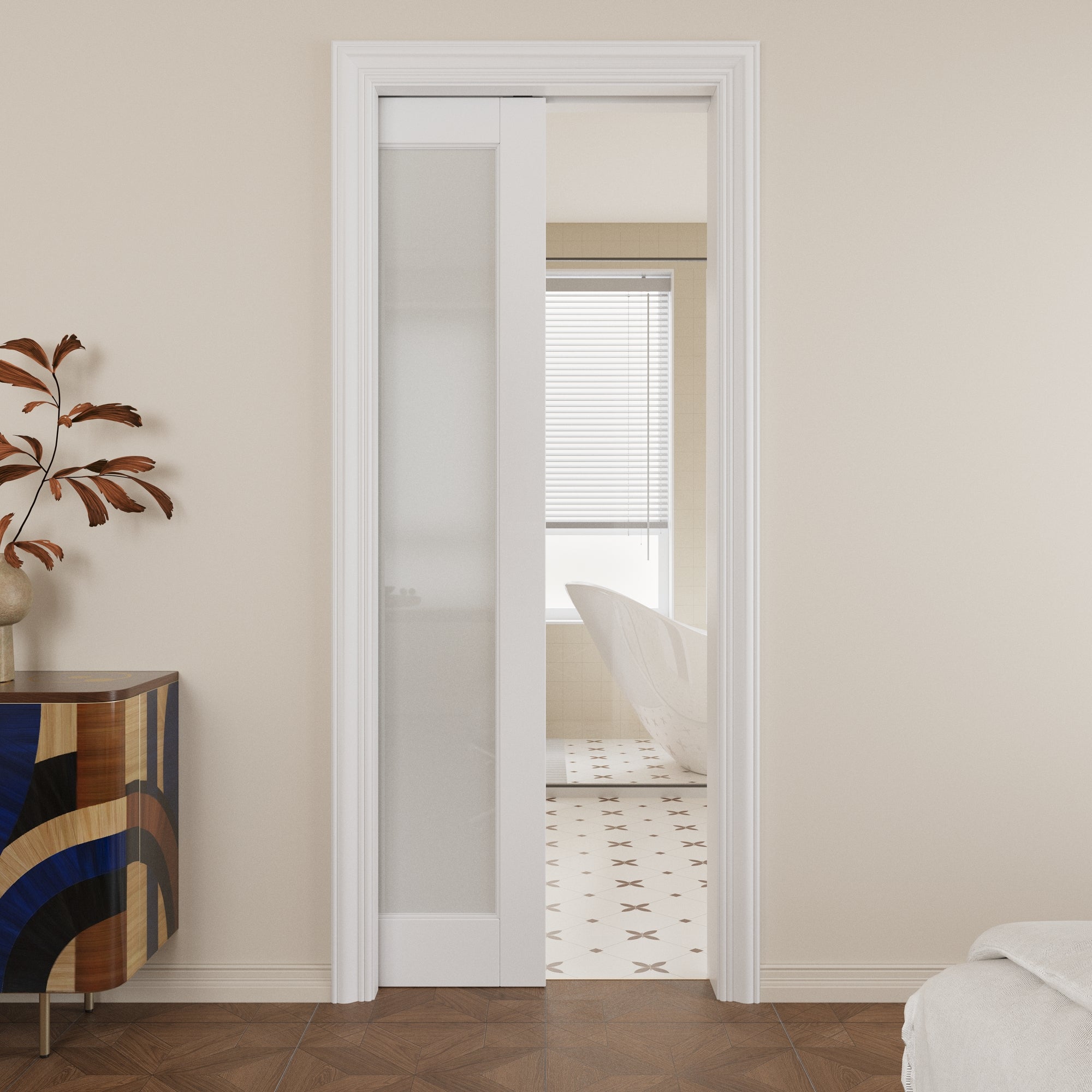 Ark Design Tempered Frosted Glass Pocket Door with Hardware Kit & Soft Close, MDF Wood & Paint-grade Finished, White
