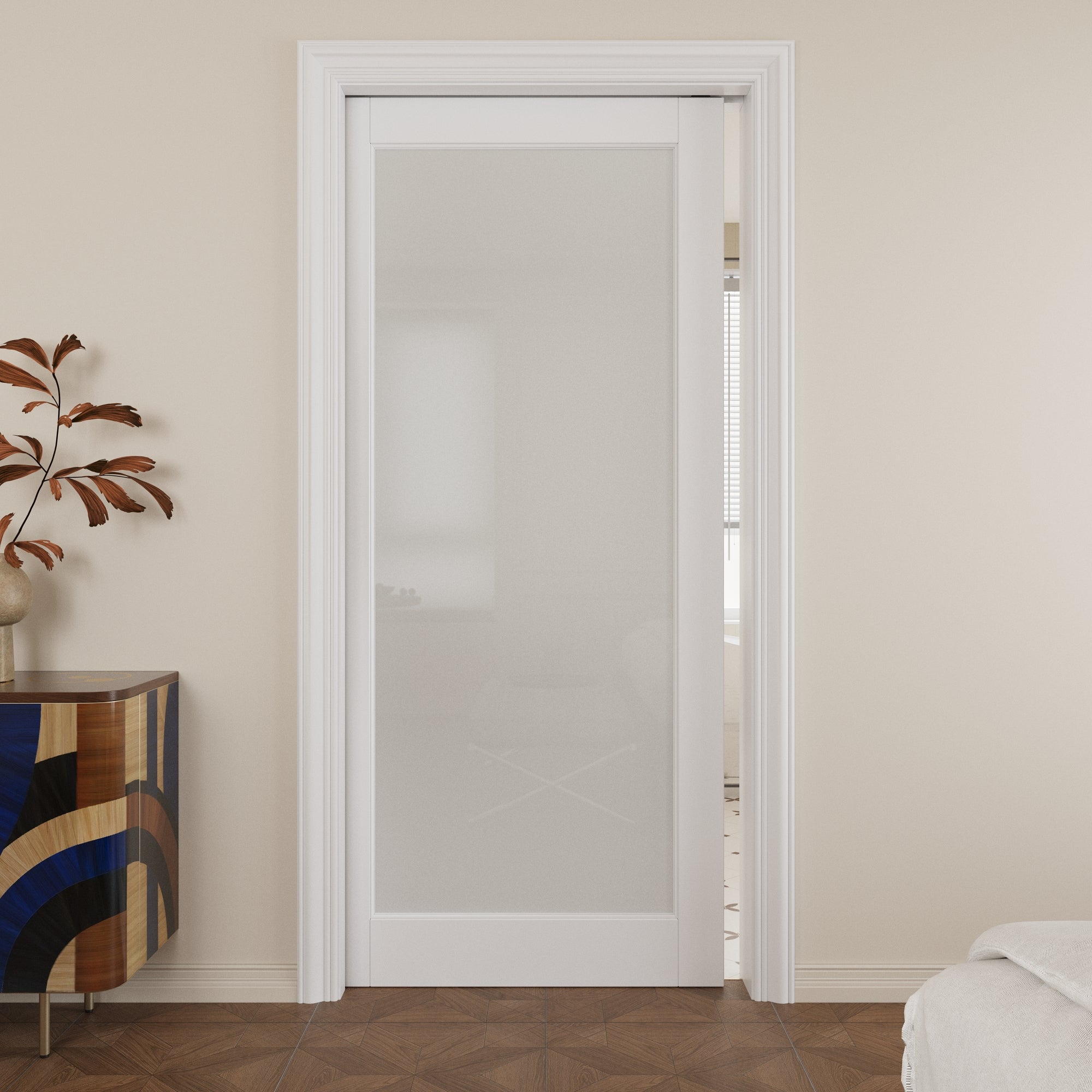 Ark Design Tempered Frosted Glass Pocket Door with Hardware Kit & Soft Close, MDF Wood & Paint-grade Finished, White