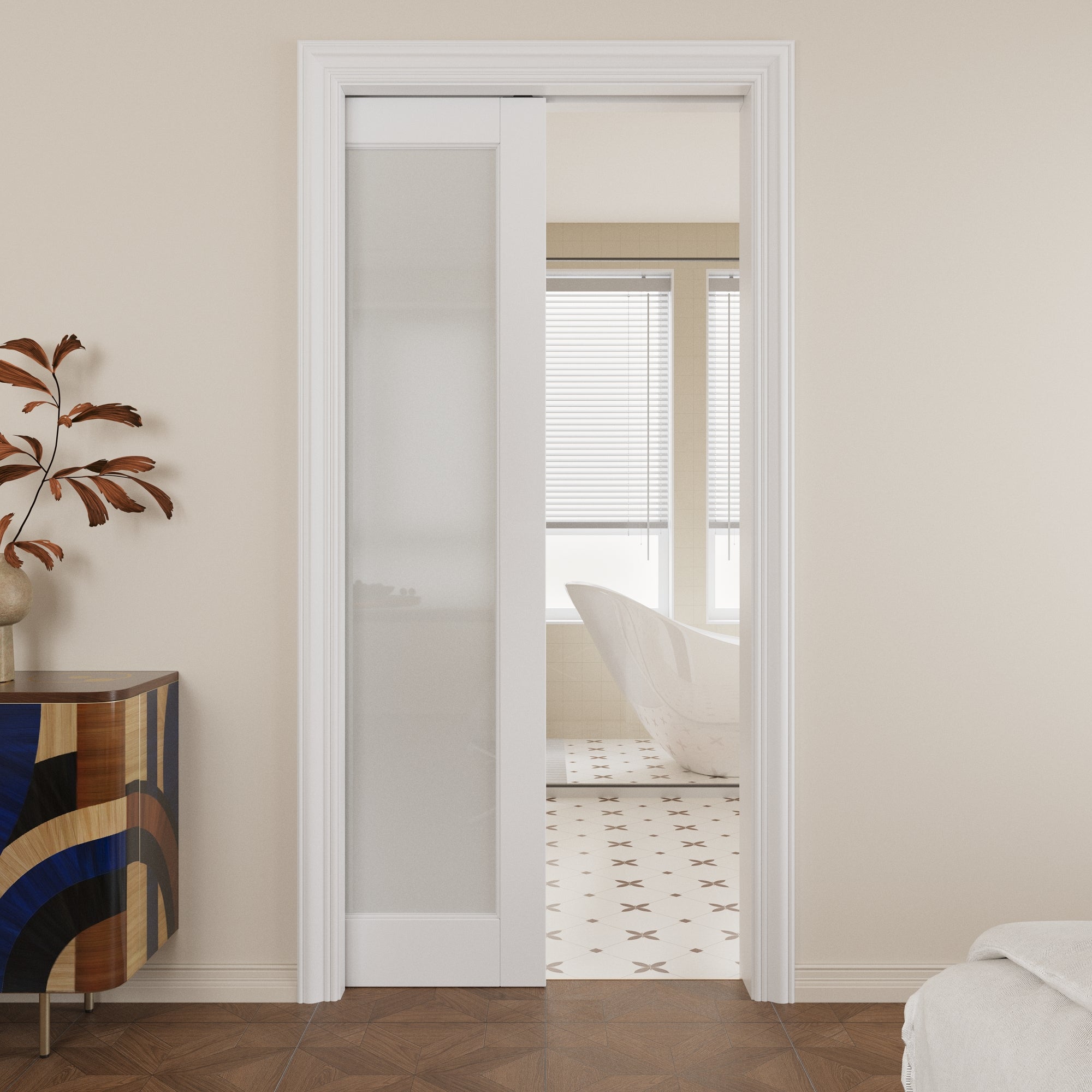 Ark Design Tempered Frosted Glass Pocket Door with Hardware Kit & Soft Close, MDF Wood & Paint-grade Finished, White