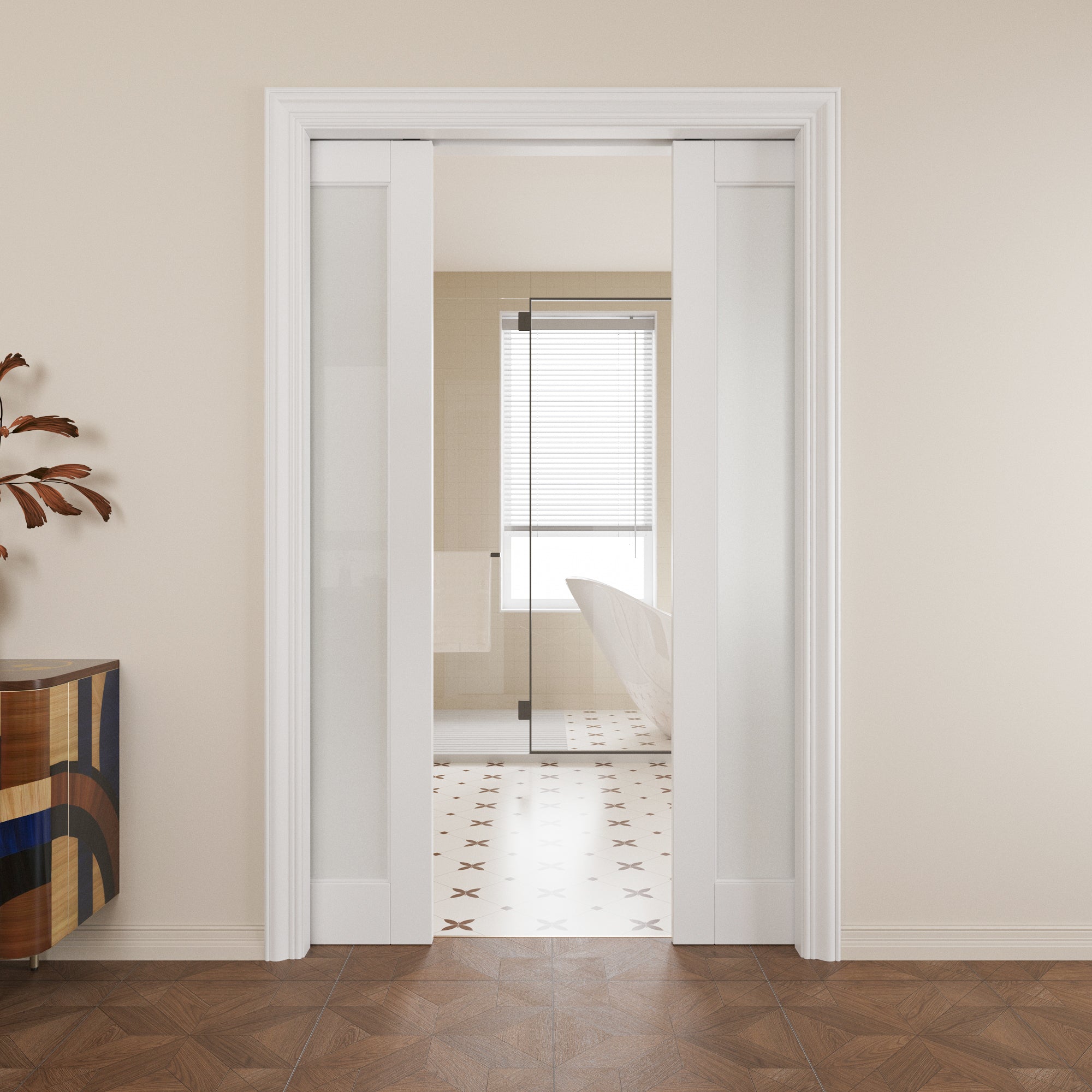 Ark Design Tempered Frosted Glass Pocket Door with Hardware Kit & Soft Close, MDF Wood & Paint-grade Finished, White