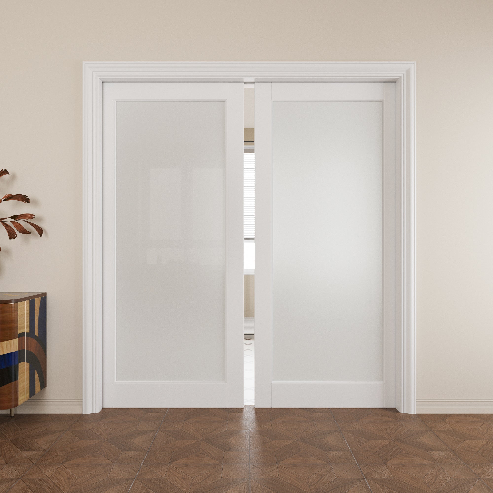 Ark Design Tempered Frosted Glass Pocket Door with Hardware Kit & Soft Close, MDF Wood & Paint-grade Finished, White