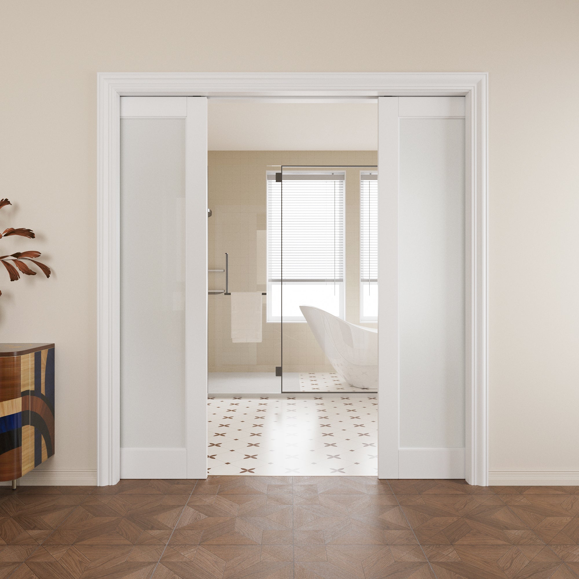 Ark Design Tempered Frosted Glass Pocket Door with Hardware Kit & Soft Close, MDF Wood & Paint-grade Finished, White