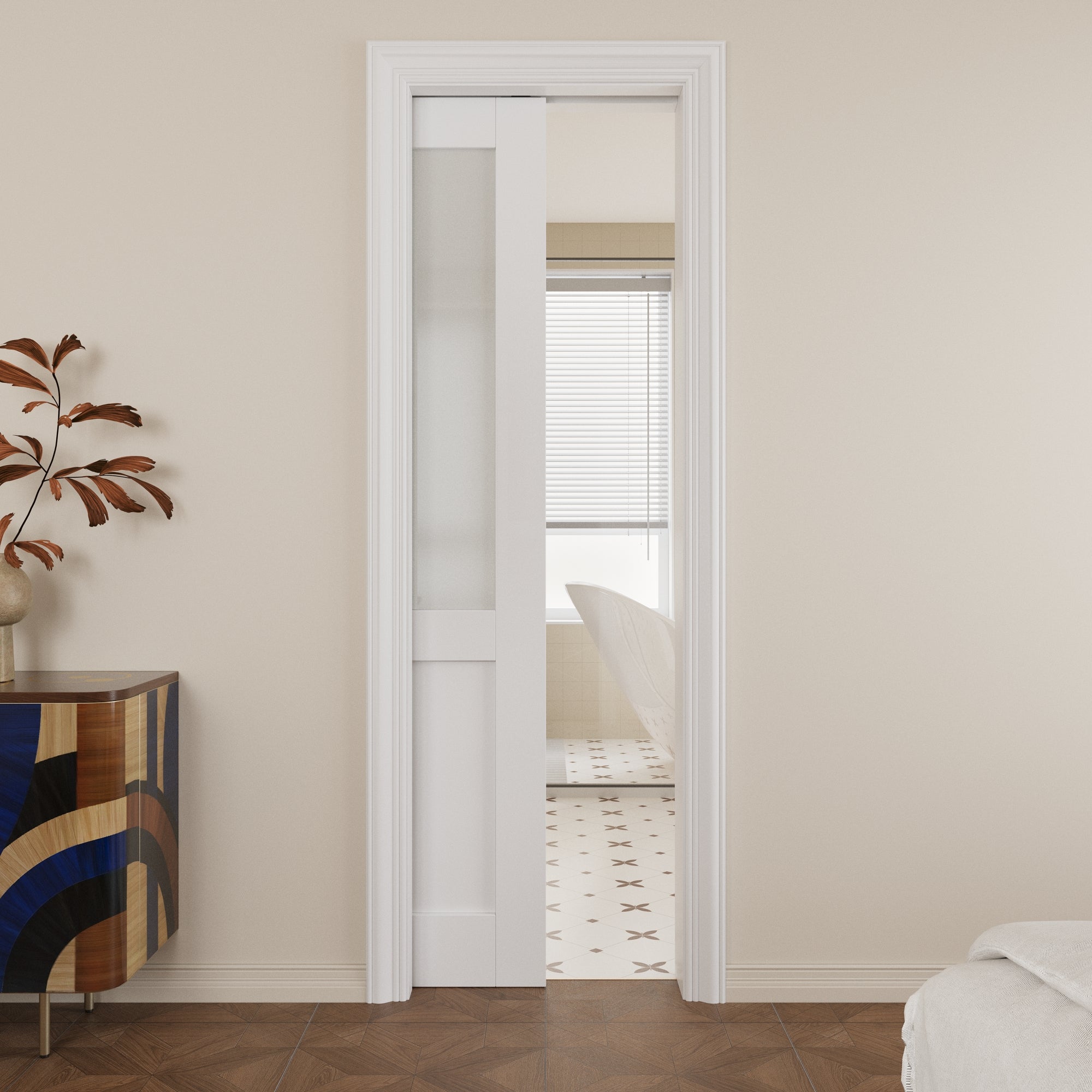 Ark Design Half Lite Tempered Frosted Glass Pocket Door with Hardware Kit & Soft Close & Frame, Solid Core MDF Wood & Paint-grade Finished, White