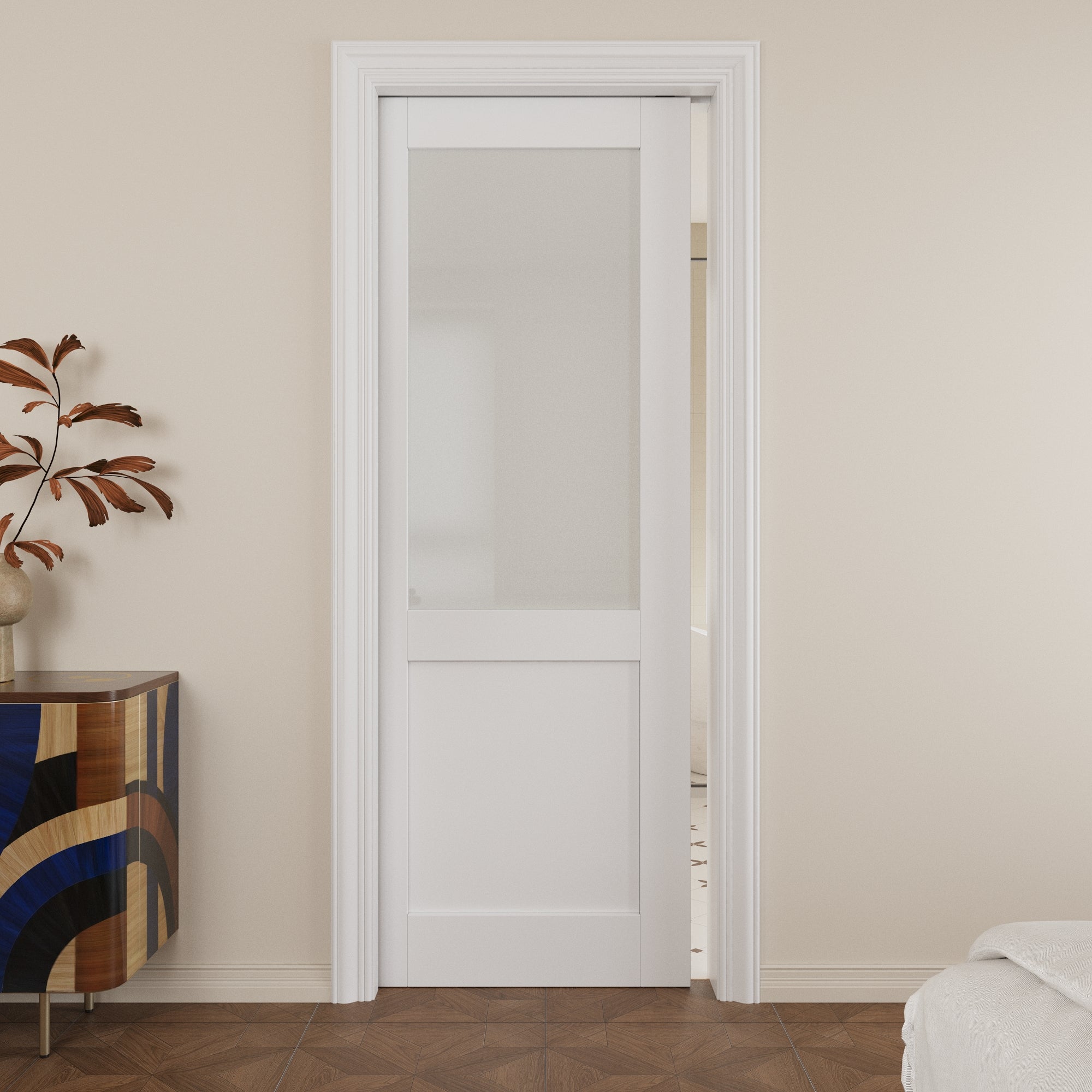 Ark Design Half Lite Tempered Frosted Glass Pocket Door with Hardware Kit & Soft Close & Frame, Solid Core MDF Wood & Paint-grade Finished, White