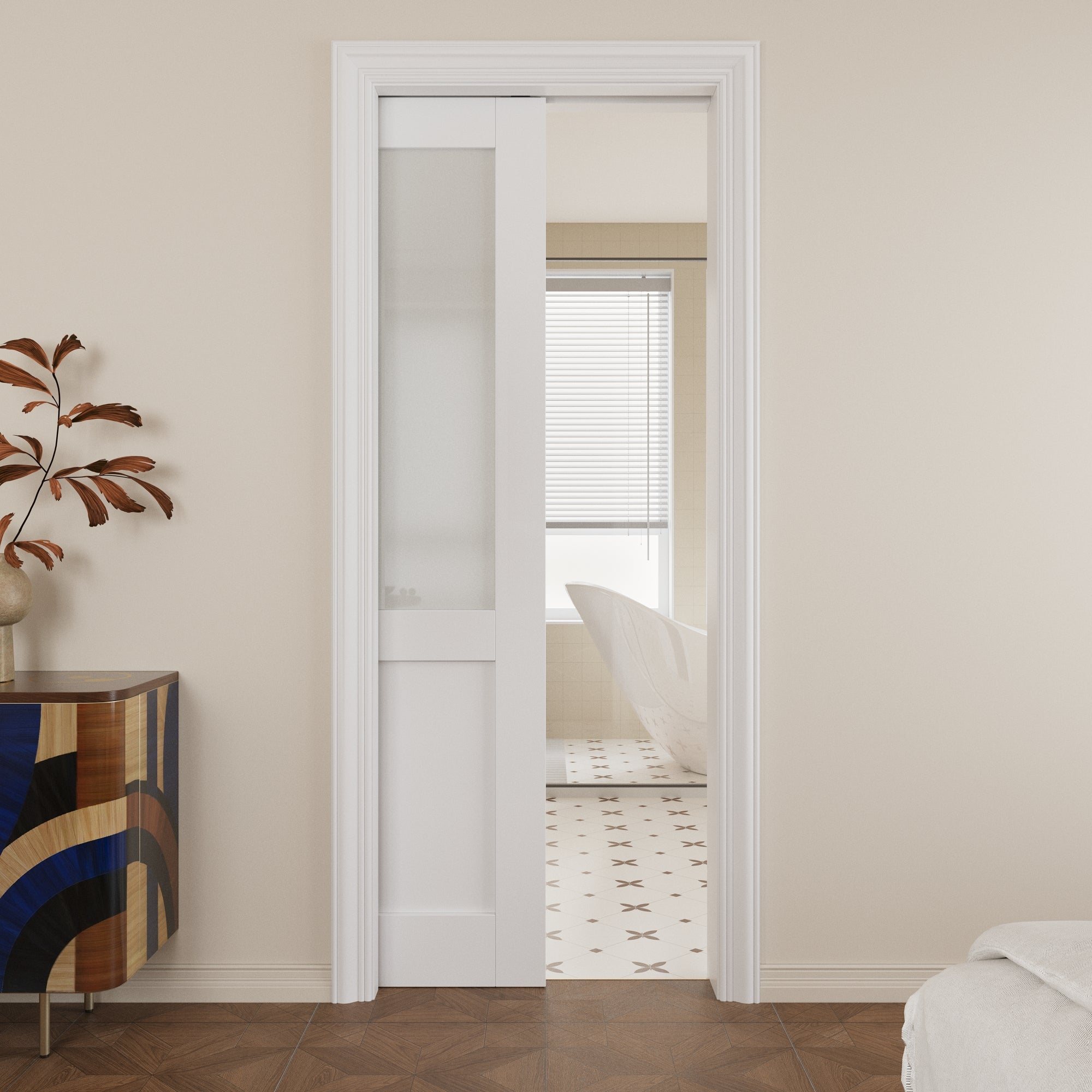 Ark Design Half Lite Tempered Frosted Glass Pocket Door with Hardware Kit & Soft Close & Frame, Solid Core MDF Wood & Paint-grade Finished, White