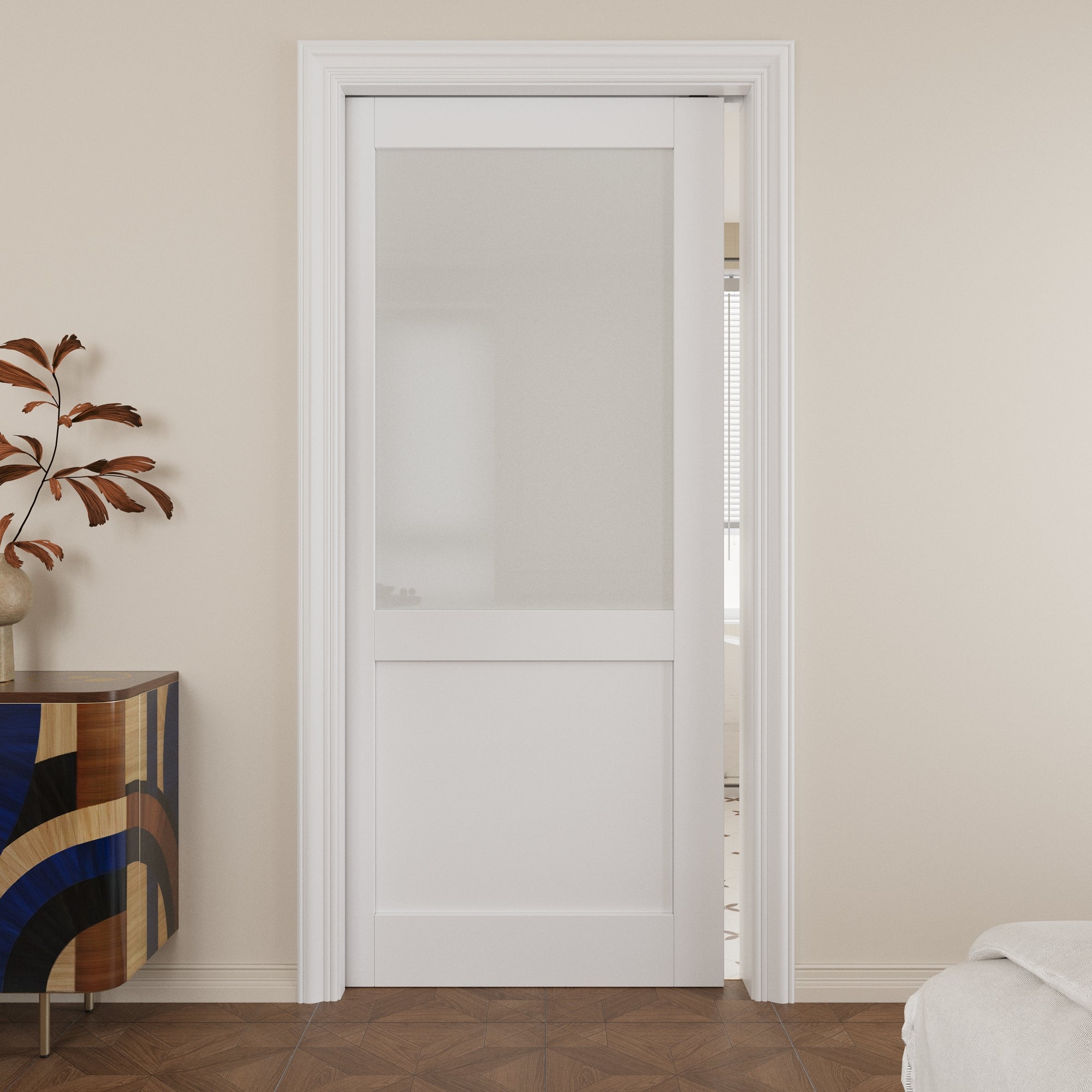 Ark Design Half Lite Tempered Frosted Glass Pocket Door with Hardware Kit & Soft Close & Frame, Solid Core MDF Wood & Paint-grade Finished, White