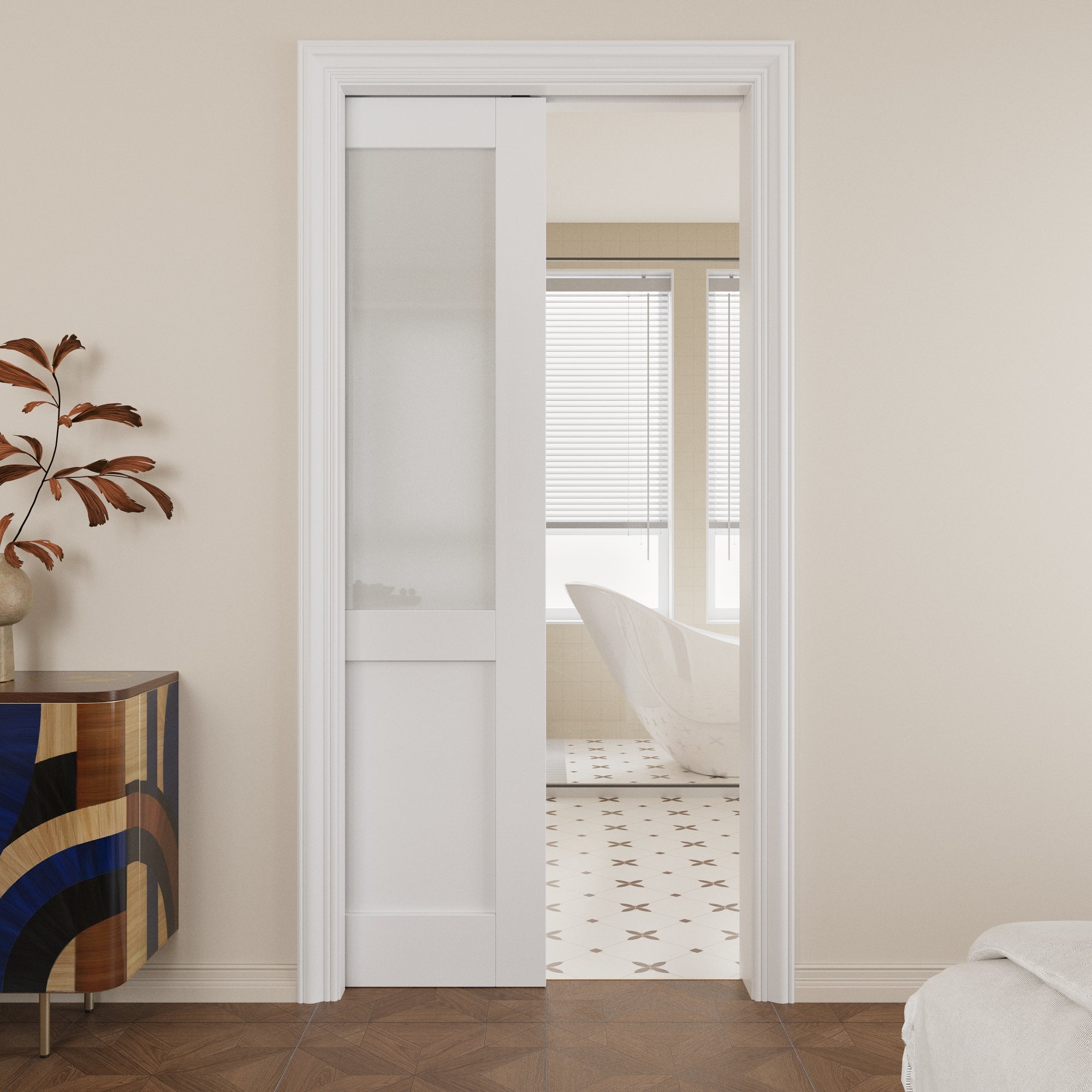 Ark Design Half Lite Tempered Frosted Glass Pocket Door with Hardware Kit & Soft Close & Frame, Solid Core MDF Wood & Paint-grade Finished, White