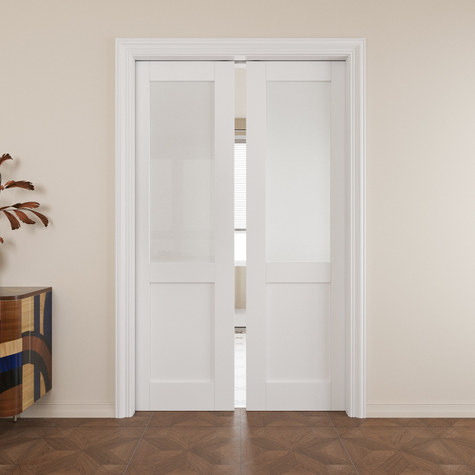 Ark Design Half Lite Tempered Frosted Glass Pocket Door with Hardware Kit & Soft Close & Frame, Solid Core MDF Wood & Paint-grade Finished, White