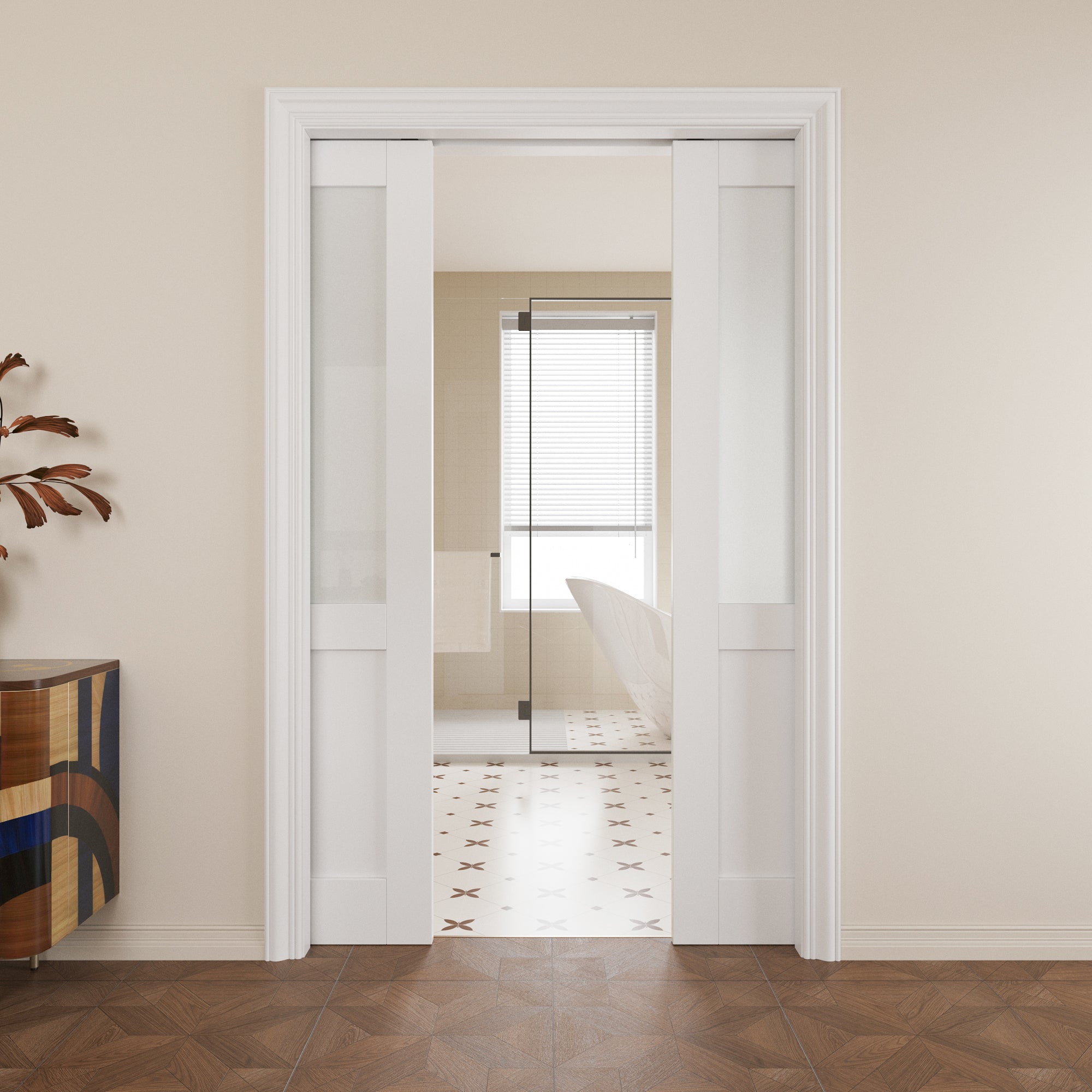 Ark Design Half Lite Tempered Frosted Glass Pocket Door with Hardware Kit & Soft Close & Frame, Solid Core MDF Wood & Paint-grade Finished, White