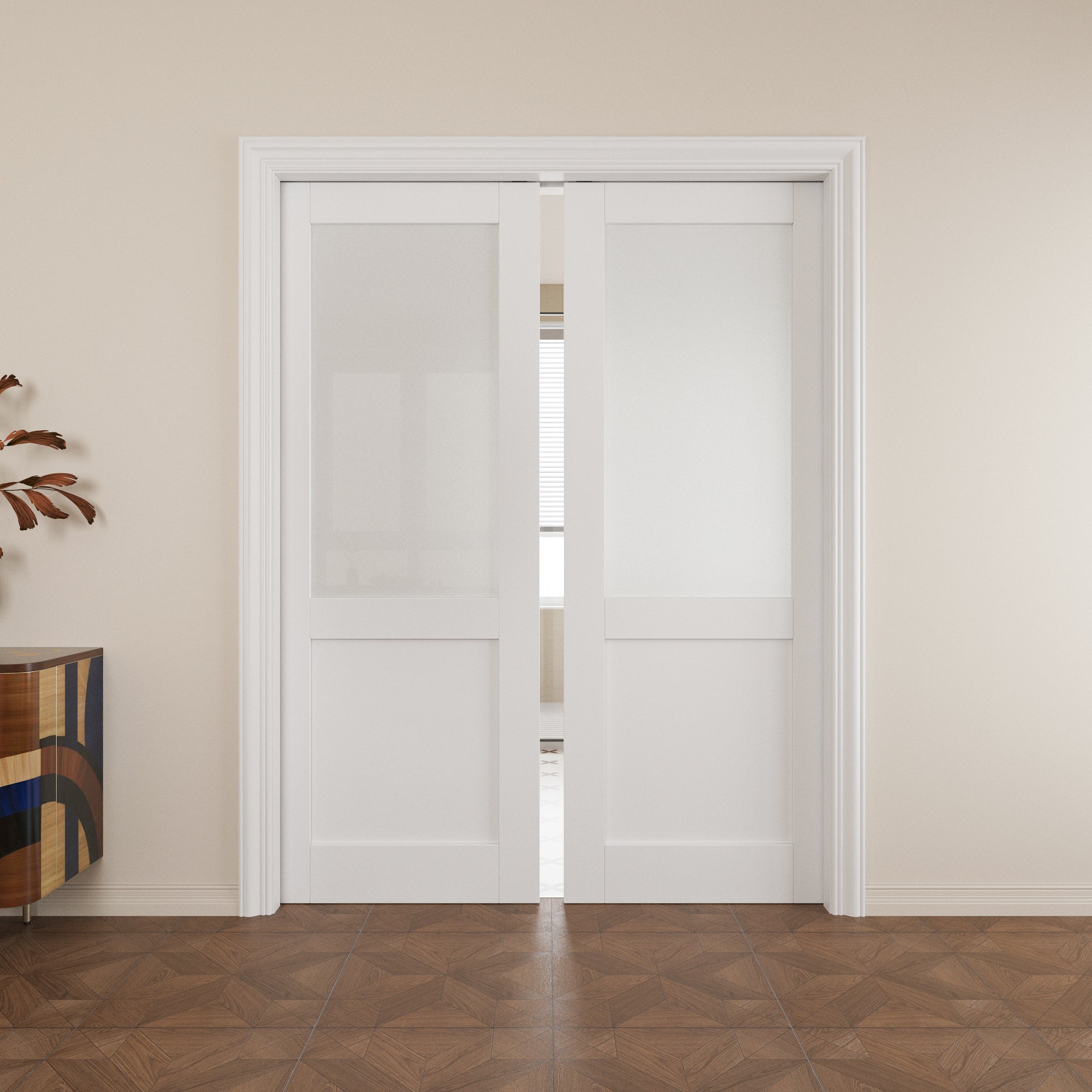 Ark Design Half Lite Tempered Frosted Glass Pocket Door with Hardware Kit & Soft Close & Frame, Solid Core MDF Wood & Paint-grade Finished, White