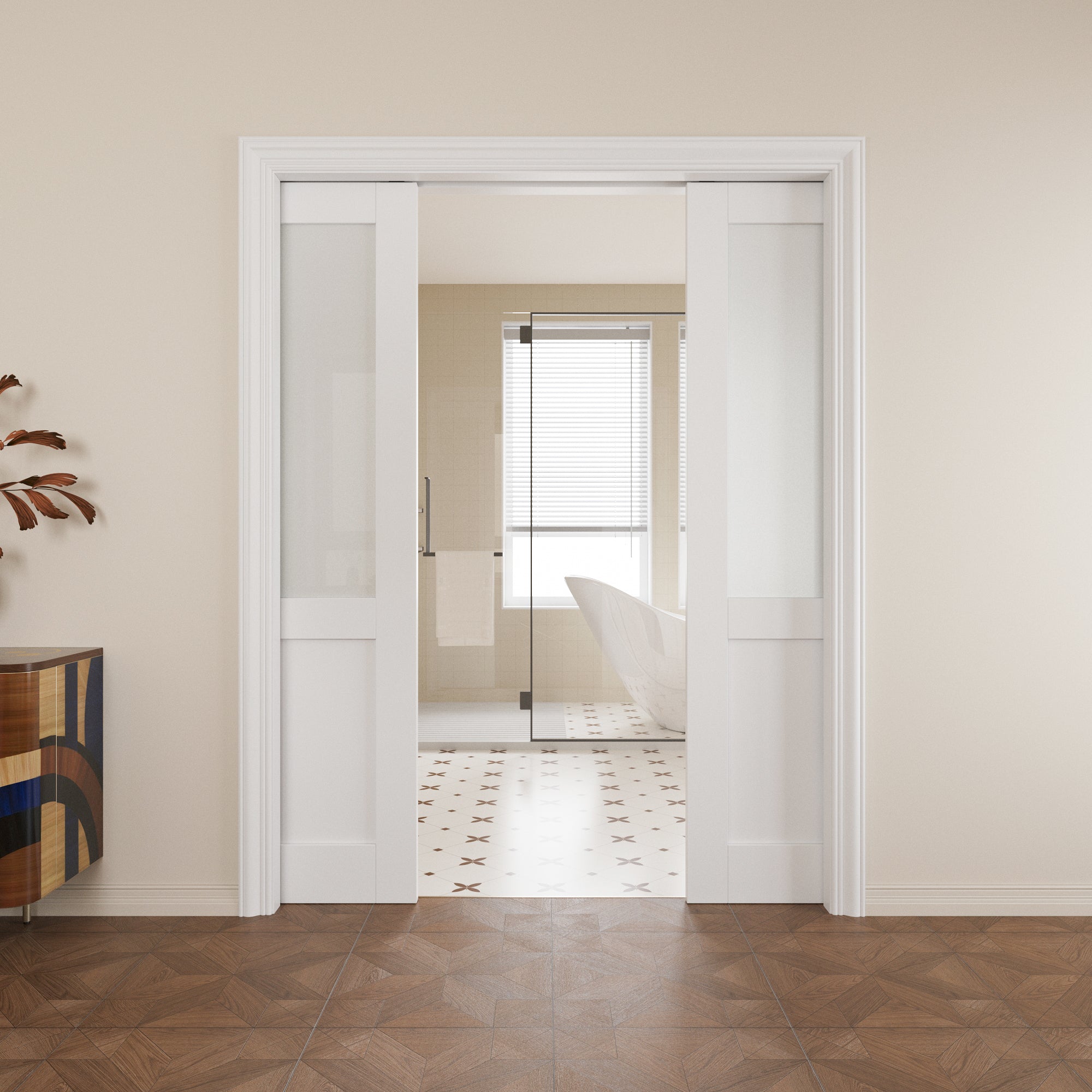 Ark Design Half Lite Tempered Frosted Glass Pocket Door with Hardware Kit & Soft Close & Frame, Solid Core MDF Wood & Paint-grade Finished, White