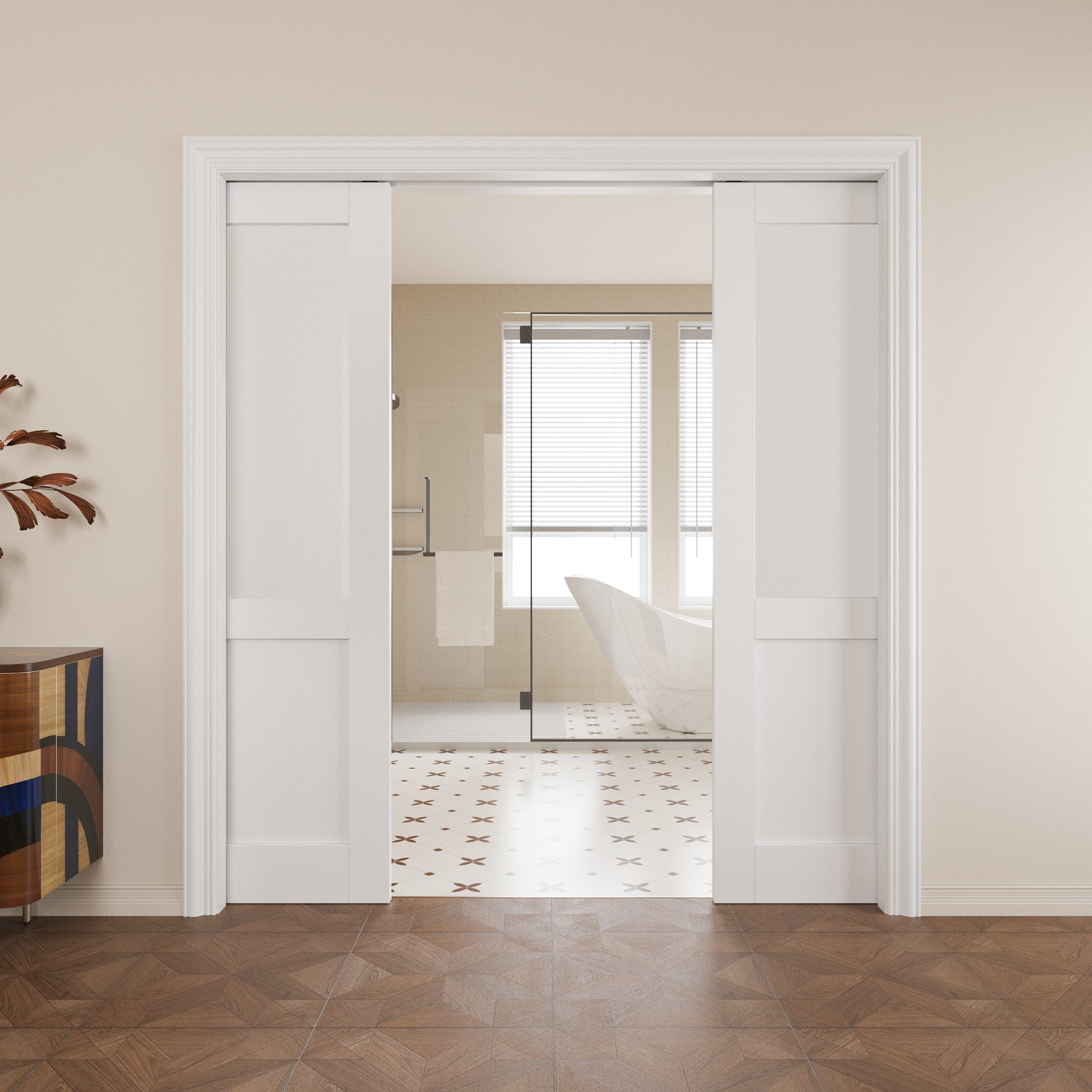 Ark Design Half Lite Tempered Frosted Glass Pocket Door with Hardware Kit & Soft Close & Frame, Solid Core MDF Wood & Paint-grade Finished, White