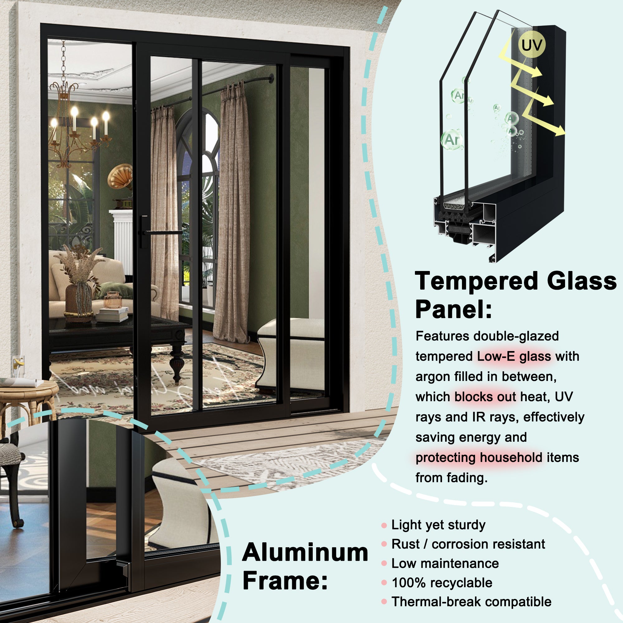Custom White Universal Aluminum Multi-Sliding Patio Door with Double Glazed Low-E Glass