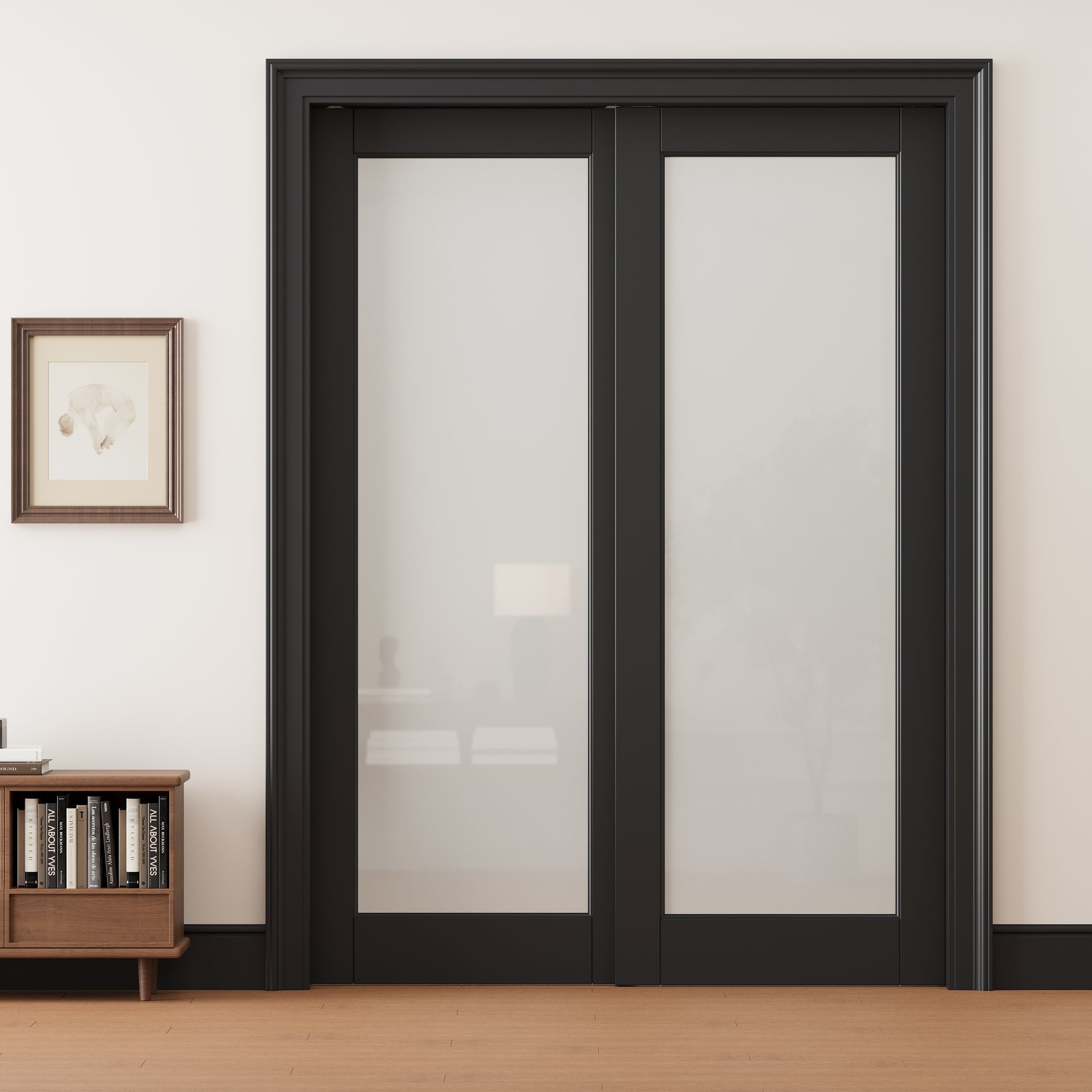 Ark Design 1 lite Frosted Glass Double Bypass Pocket Door with Hardware Kit & Soft Close & Black Frame, Solid Core MDF Wood & Paint-grade Finished