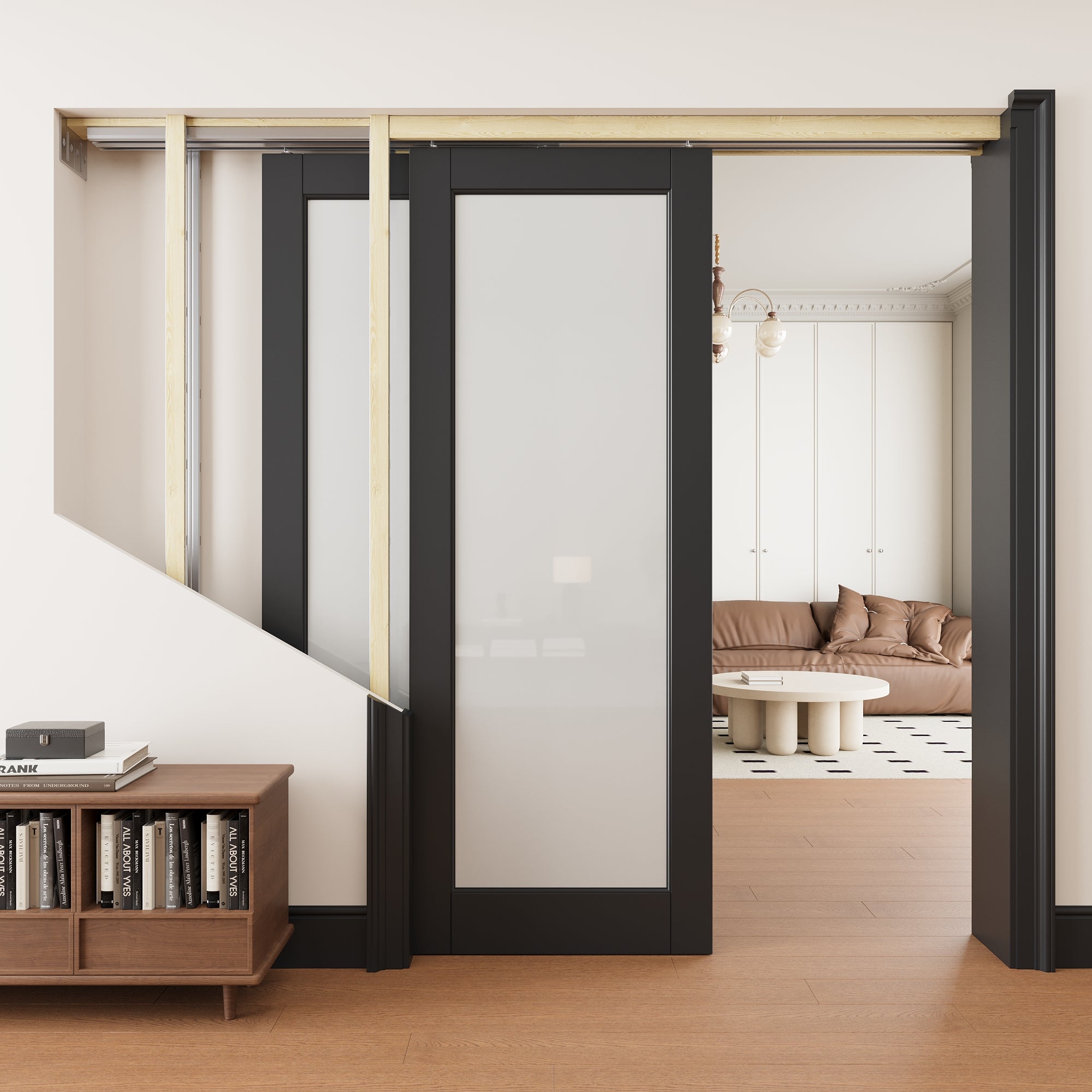 Ark Design 1 lite Frosted Glass Double Bypass Pocket Door with Hardware Kit & Soft Close & Black Frame, Solid Core MDF Wood & Paint-grade Finished
