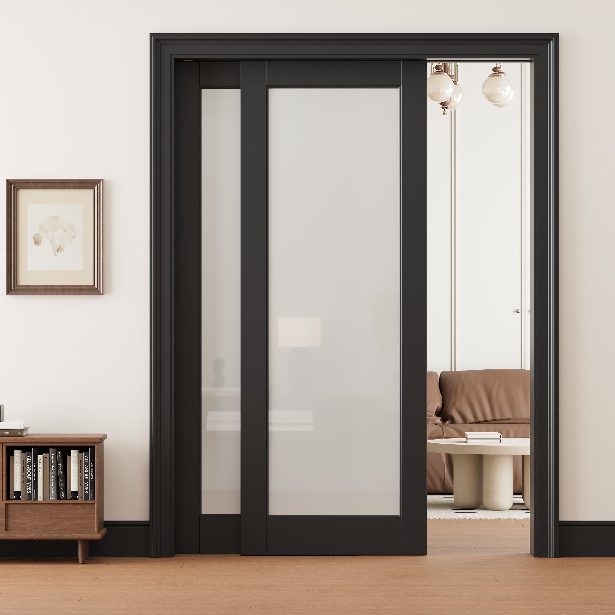 Ark Design 1 lite Frosted Glass Double Bypass Pocket Door with Hardware Kit & Soft Close & Black Frame, Solid Core MDF Wood & Paint-grade Finished