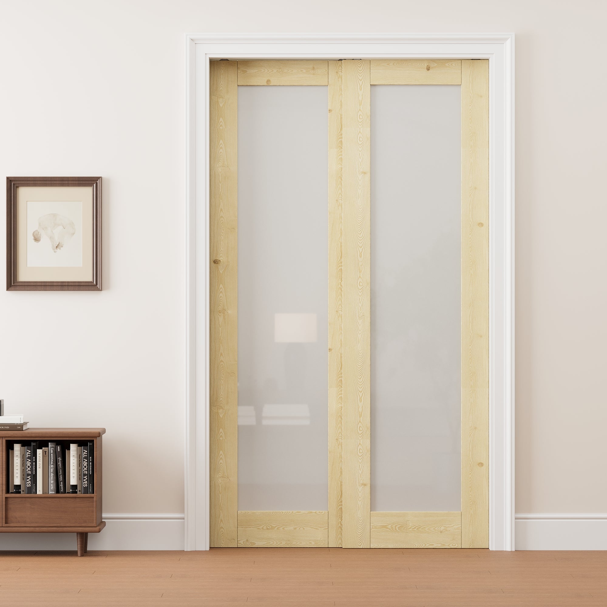 Ark Design 1 Lite Frosted Glass Double Bypass Pocket Door with Hardware Kit & Soft Close & Frame, Unfinished Natural Pine Wood