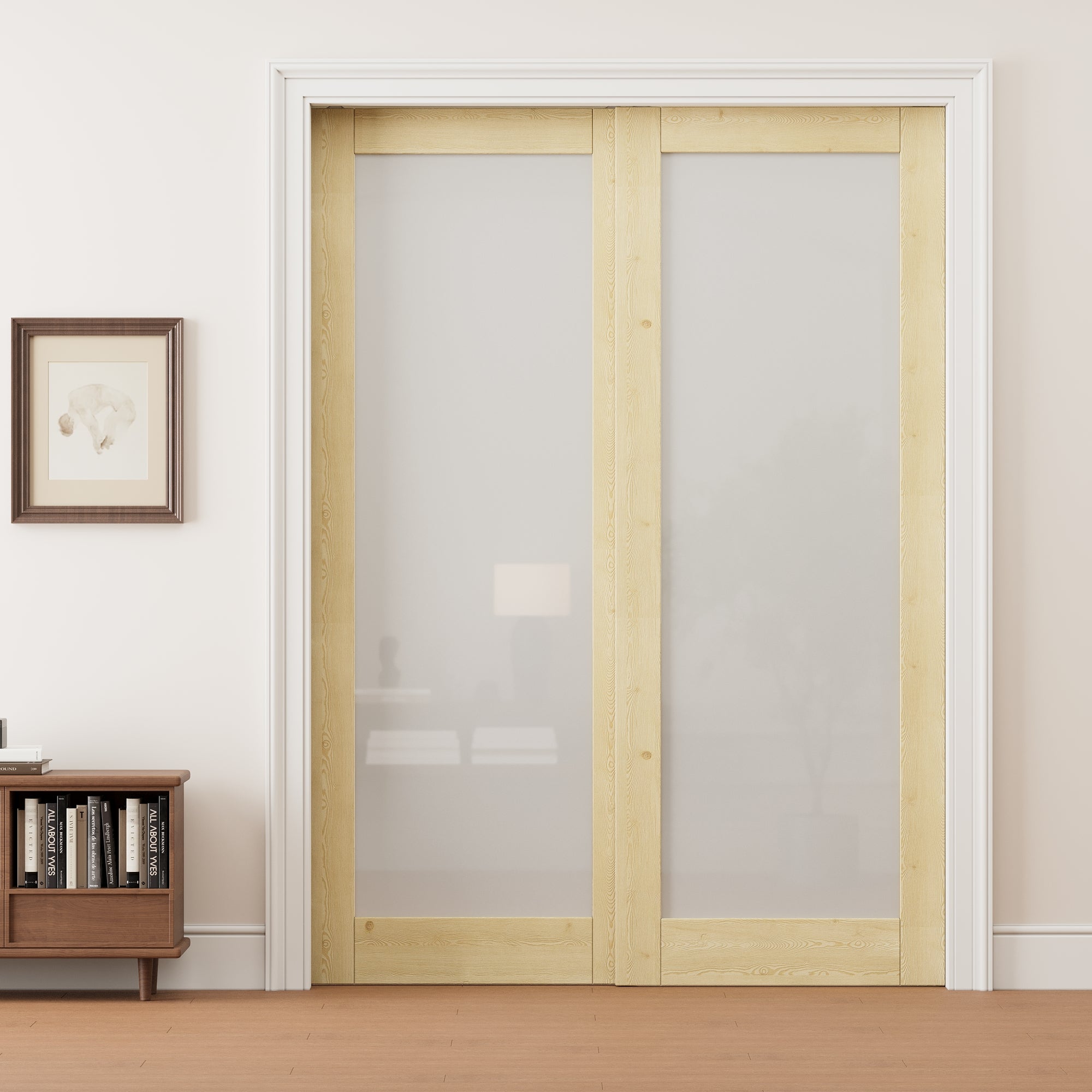 Ark Design 1 Lite Frosted Glass Double Bypass Pocket Door with Hardware Kit & Soft Close & Frame, Unfinished Natural Pine Wood