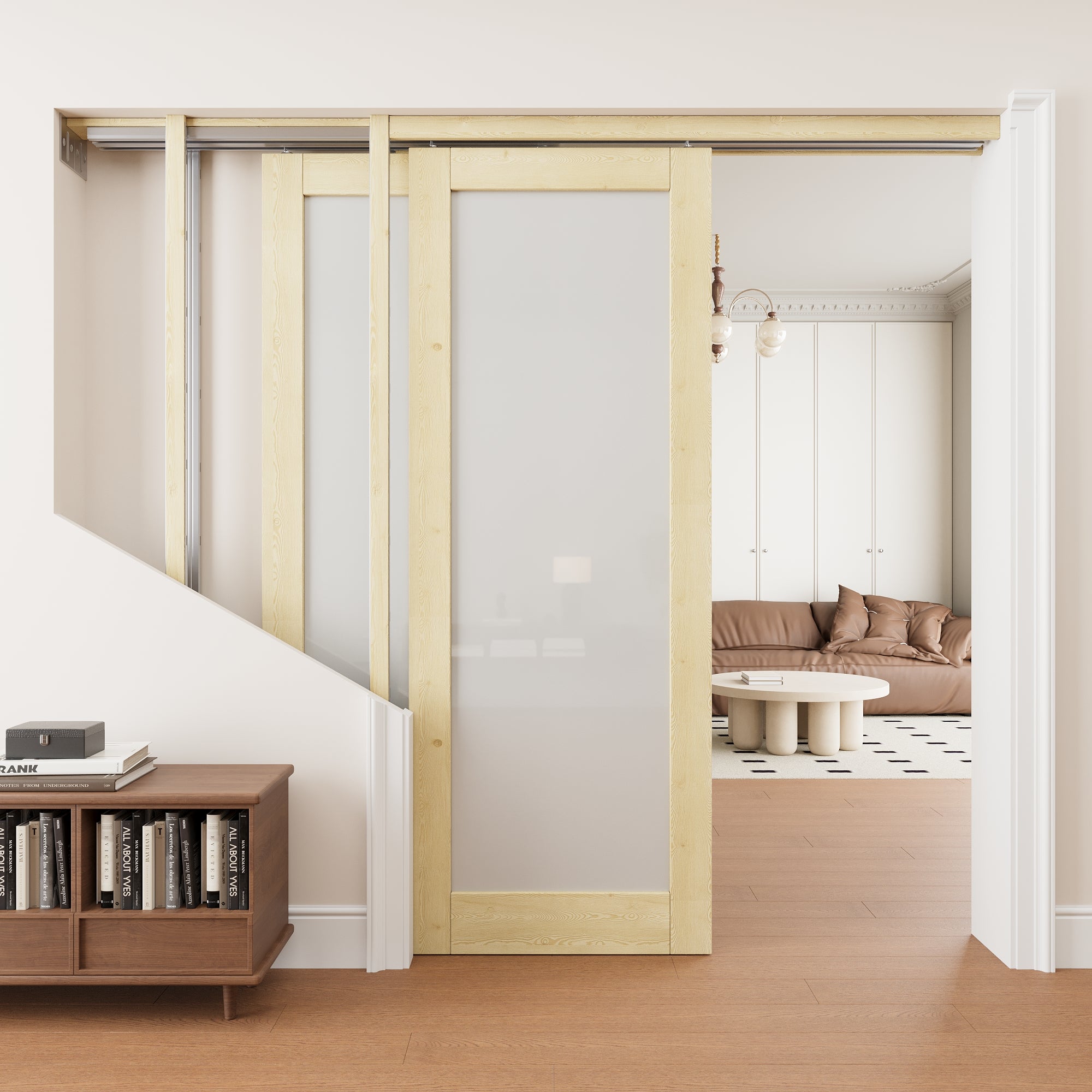 Ark Design 1 Lite Frosted Glass Double Bypass Pocket Door with Hardware Kit & Soft Close & Frame, Unfinished Natural Pine Wood