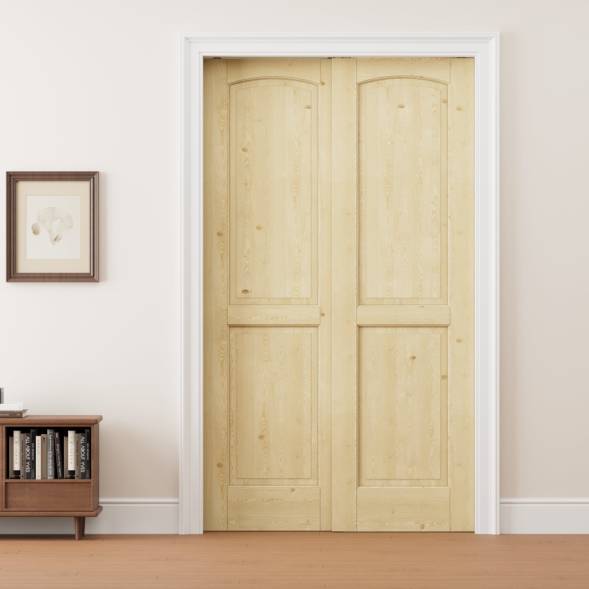 Ark Design 2 Panel Double Bypass Pocket Door with Hardware Kit & Soft Close & Frame, Unfinished Natural Pine Wood