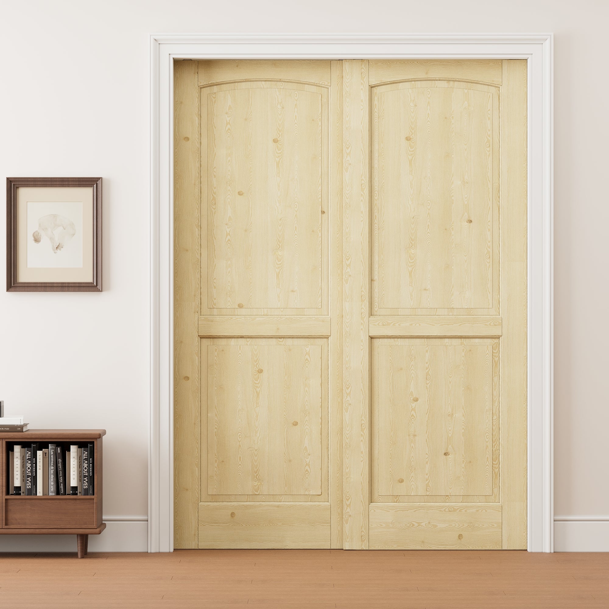 Ark Design 2 Panel Double Bypass Pocket Door with Hardware Kit & Soft Close & Frame, Unfinished Natural Pine Wood
