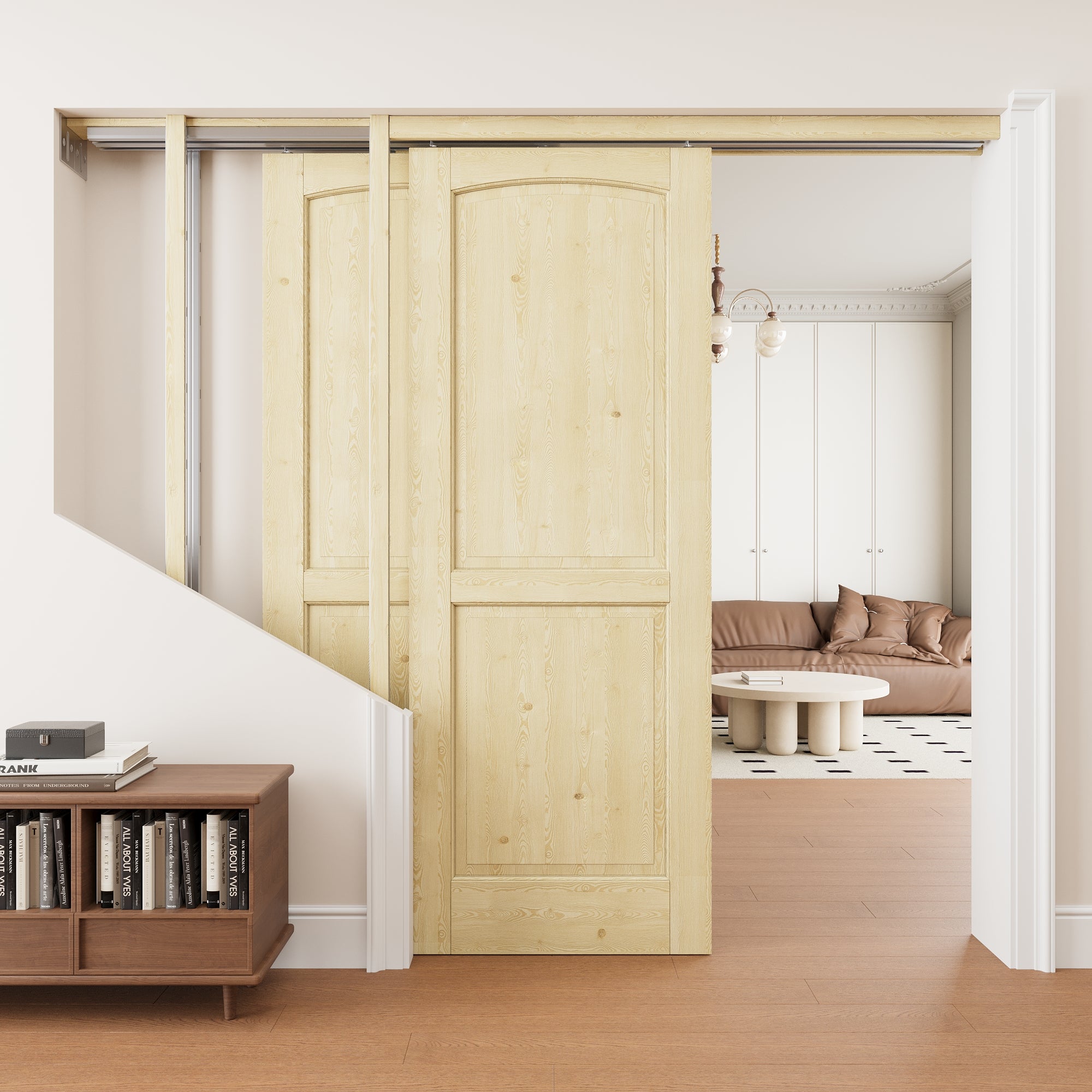 Ark Design 2 Panel Double Bypass Pocket Door with Hardware Kit & Soft Close & Frame, Unfinished Natural Pine Wood