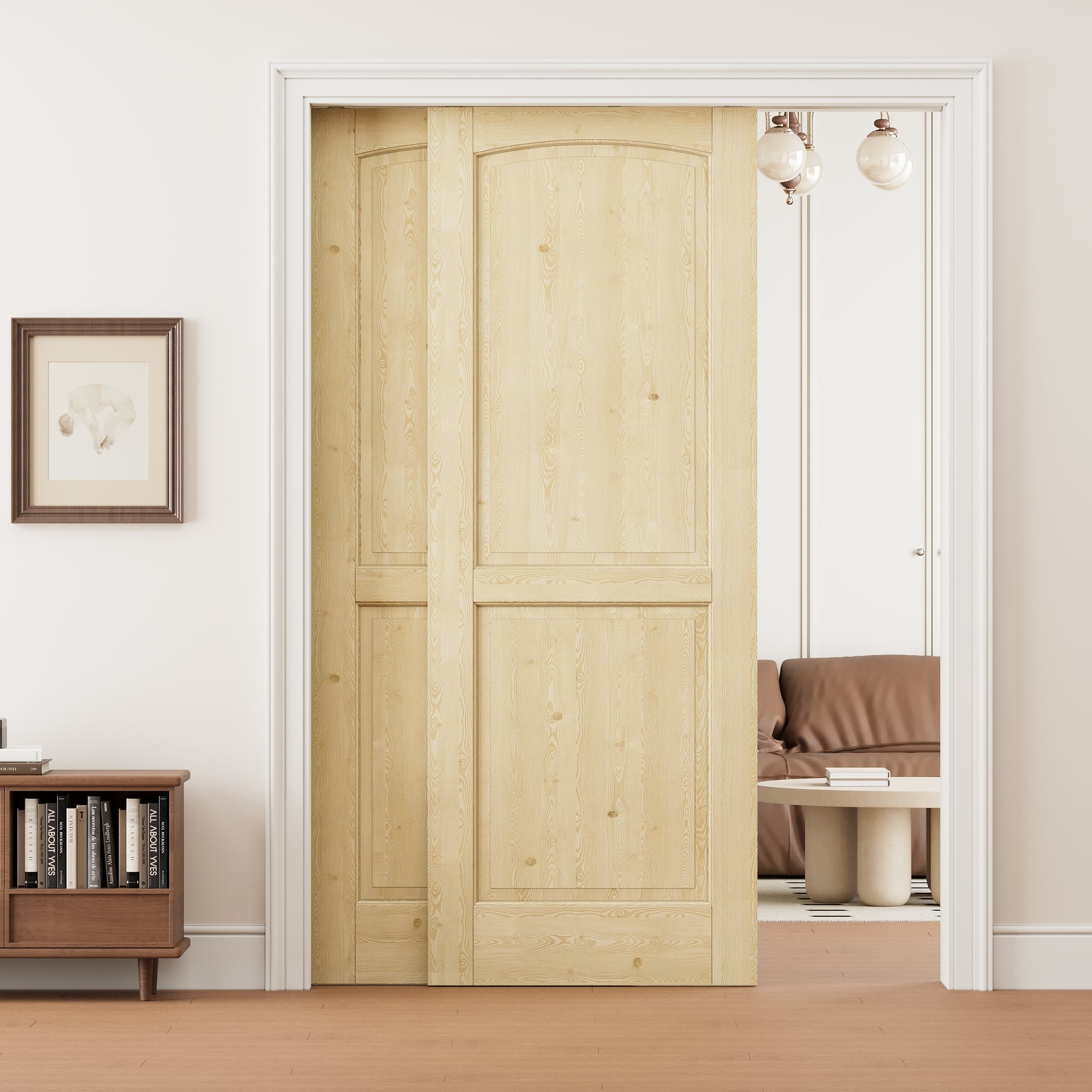 Ark Design 2 Panel Double Bypass Pocket Door with Hardware Kit & Soft Close & Frame, Unfinished Natural Pine Wood