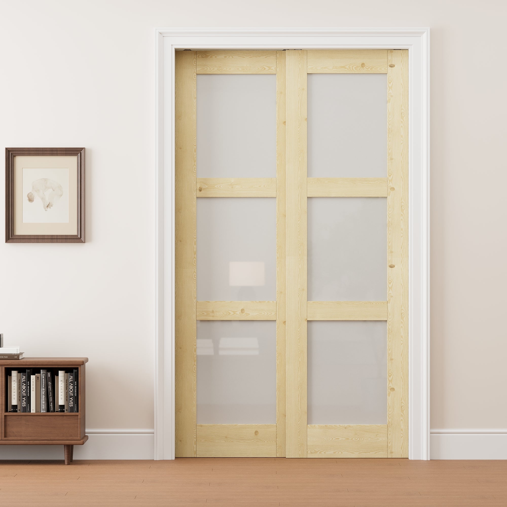Ark Design 3 Lite Frosted Glass Double Bypass Pocket Door with Hardware Kit & Soft Close & Frame, Unfinished Natural Pine Wood