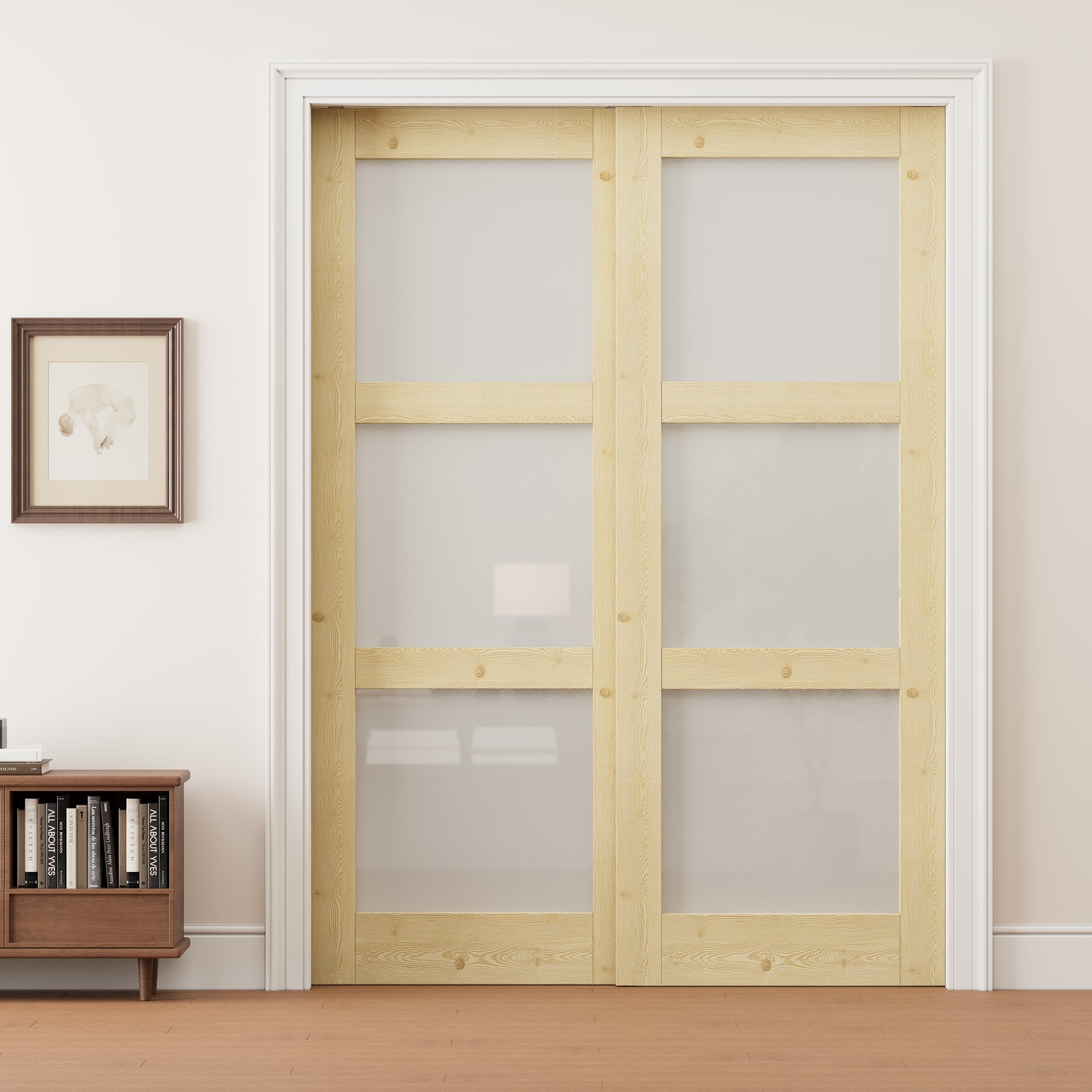 Ark Design 3 Lite Frosted Glass Double Bypass Pocket Door with Hardware Kit & Soft Close & Frame, Unfinished Natural Pine Wood