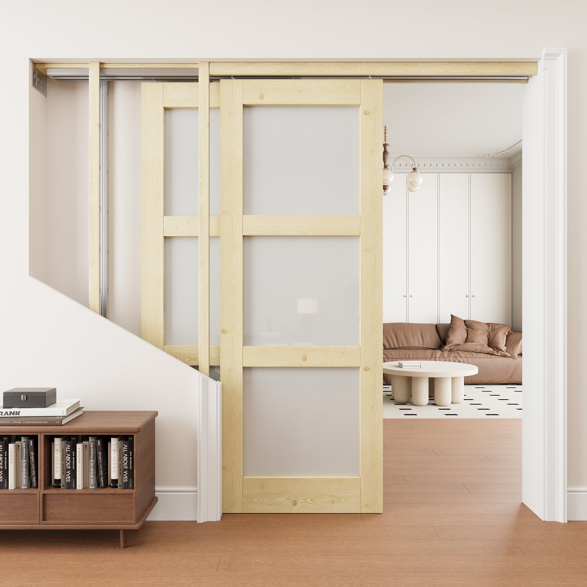 Ark Design 3 Lite Frosted Glass Double Bypass Pocket Door with Hardware Kit & Soft Close & Frame, Unfinished Natural Pine Wood