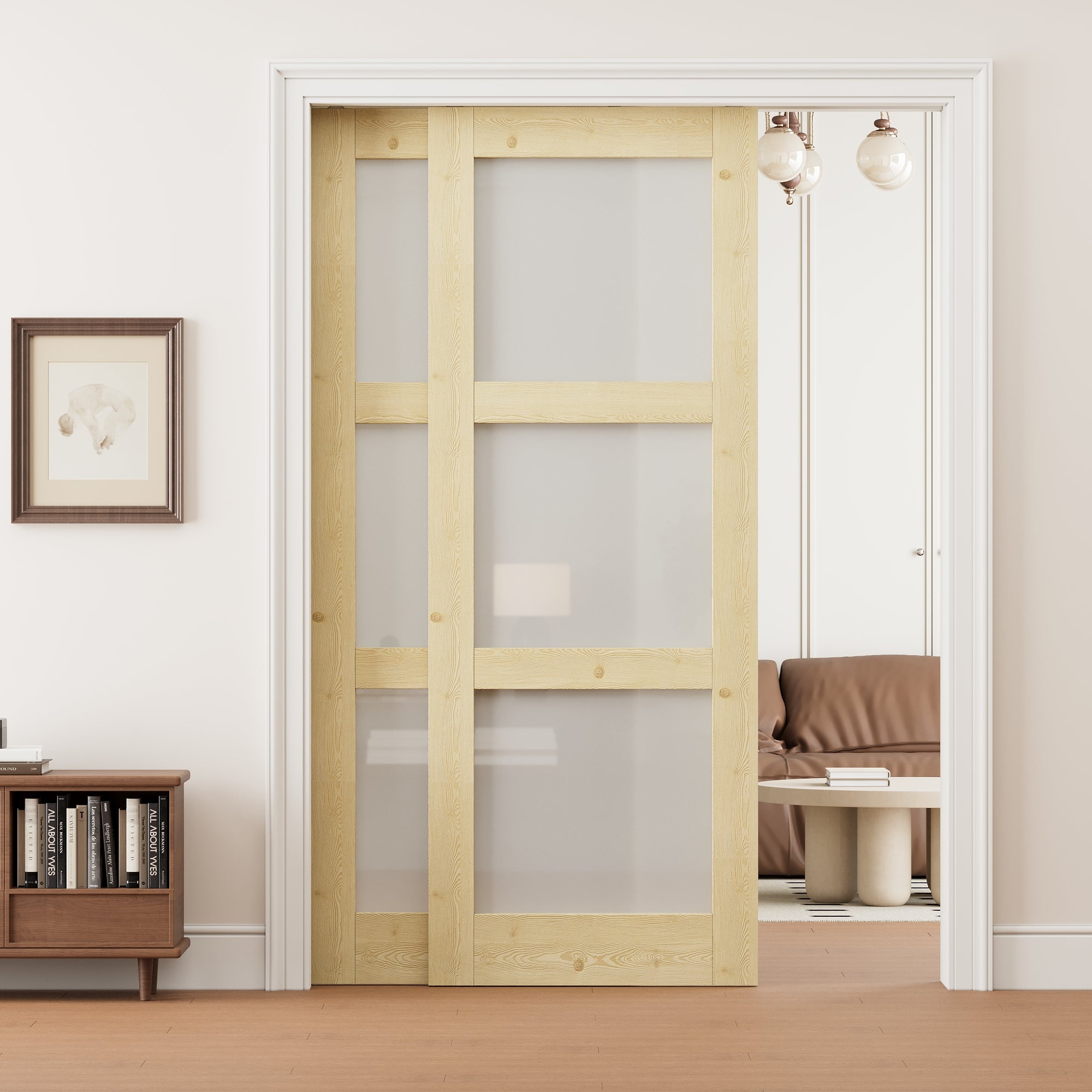 Ark Design 3 Lite Frosted Glass Double Bypass Pocket Door with Hardware Kit & Soft Close & Frame, Unfinished Natural Pine Wood