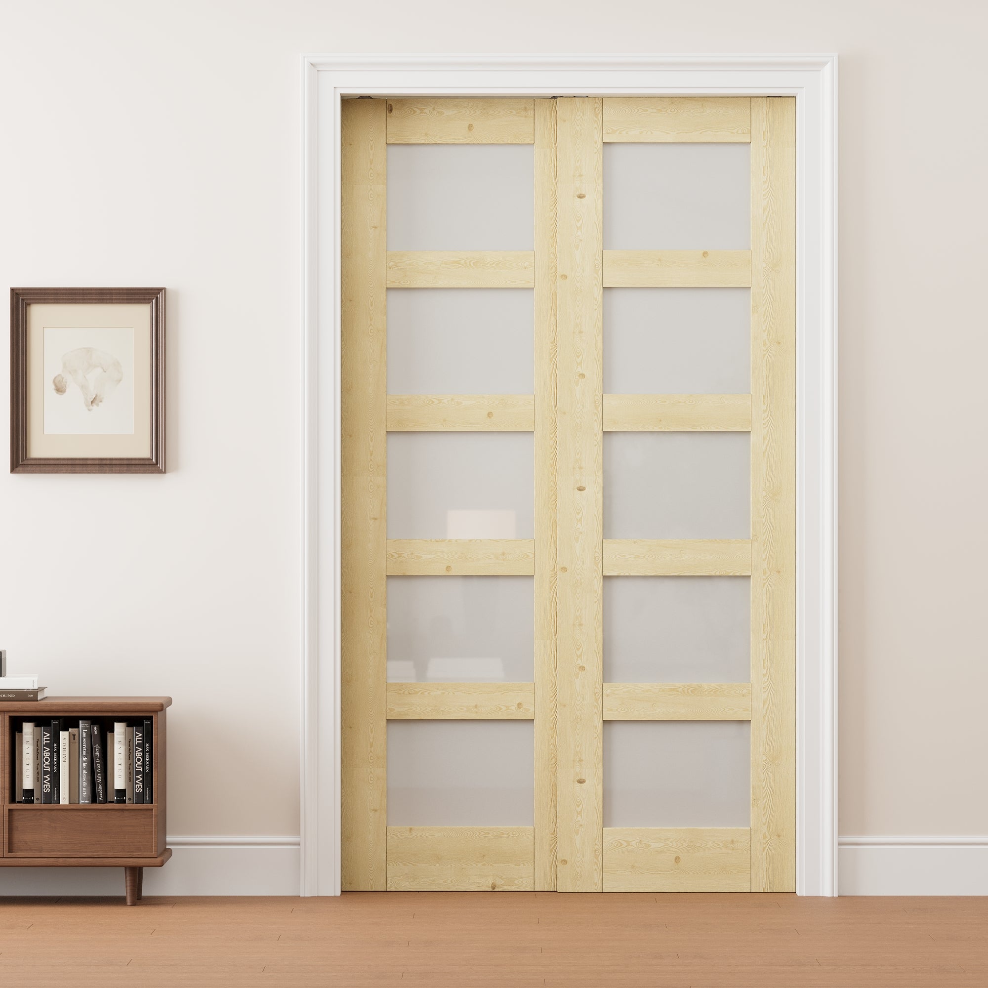 Ark Design 5 Lite Frosted Glass Double Bypass Pocket Door with Hardware Kit & Soft Close & Frame, Unfinished Natural Pine Wood