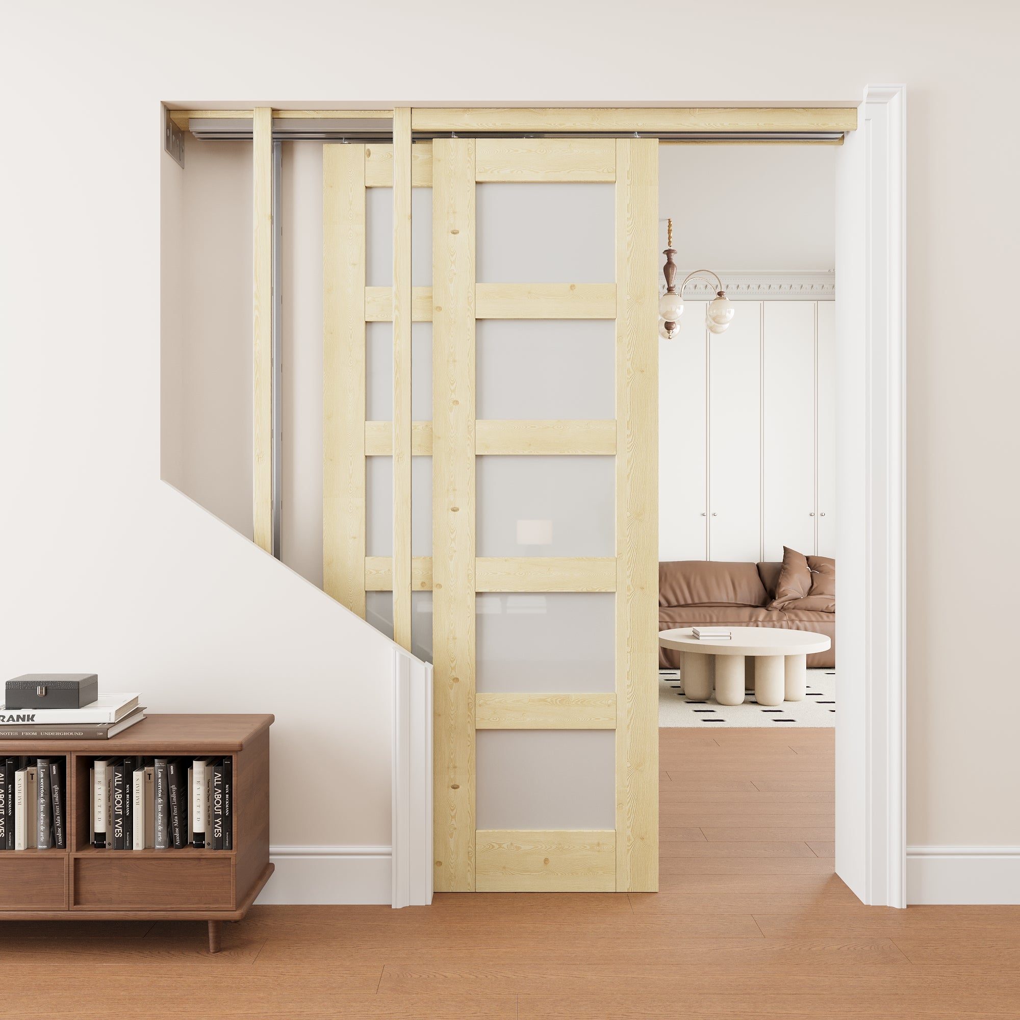 Ark Design 5 Lite Frosted Glass Double Bypass Pocket Door with Hardware Kit & Soft Close & Frame, Unfinished Natural Pine Wood