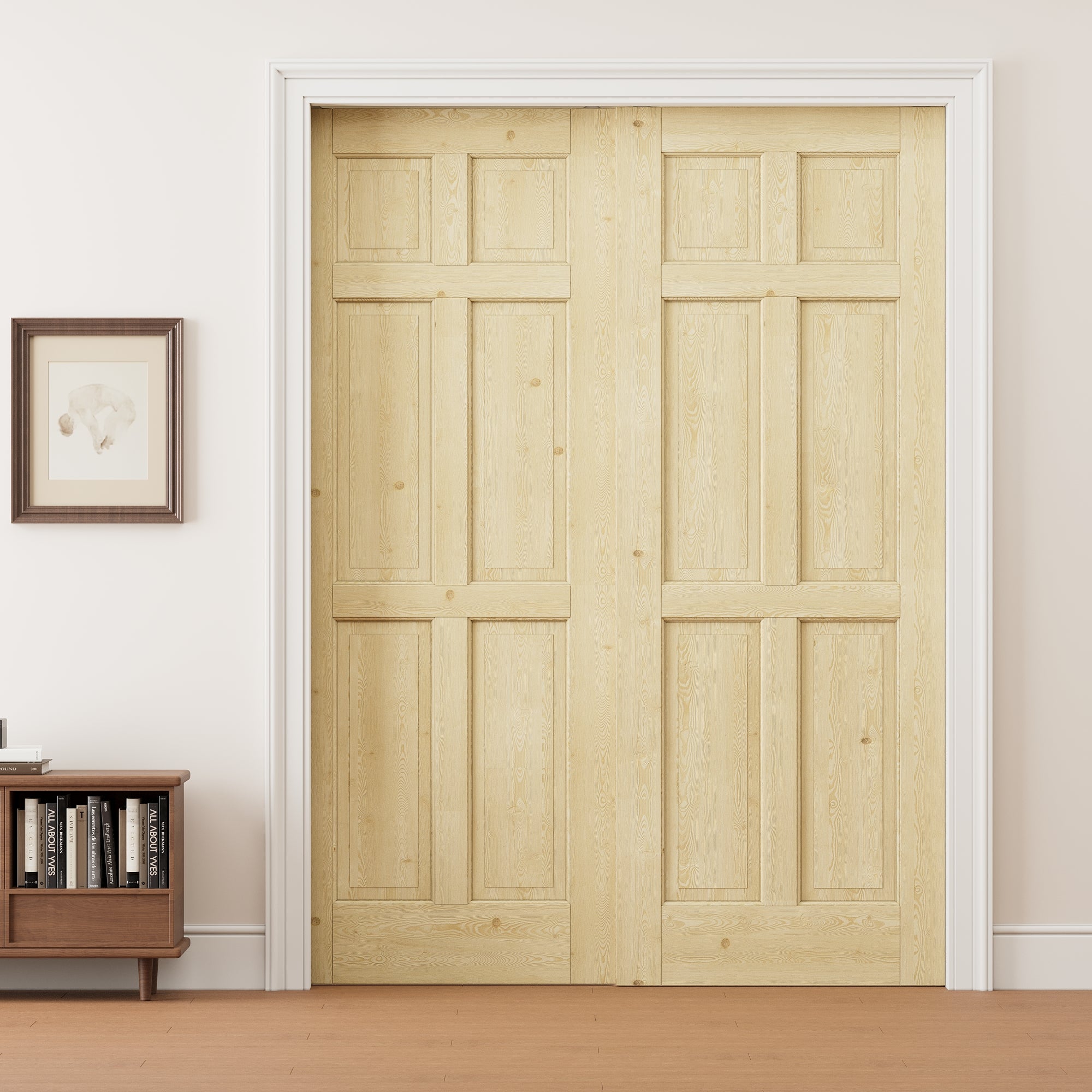 Ark Design 6 Panel Double Bypass Pocket Door with Hardware Kit & Soft Close & Frame, Unfinished Natural Pine Wood