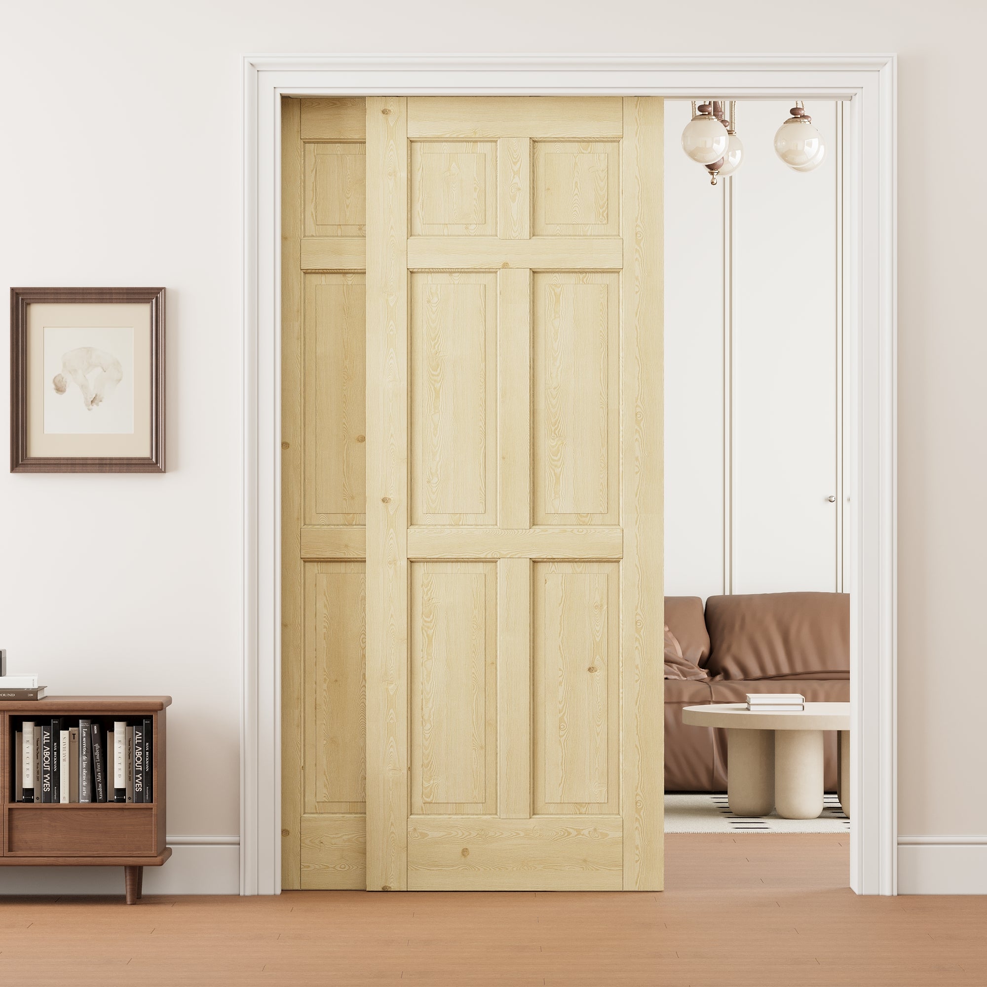 Ark Design 6 Panel Double Bypass Pocket Door with Hardware Kit & Soft Close & Frame, Unfinished Natural Pine Wood