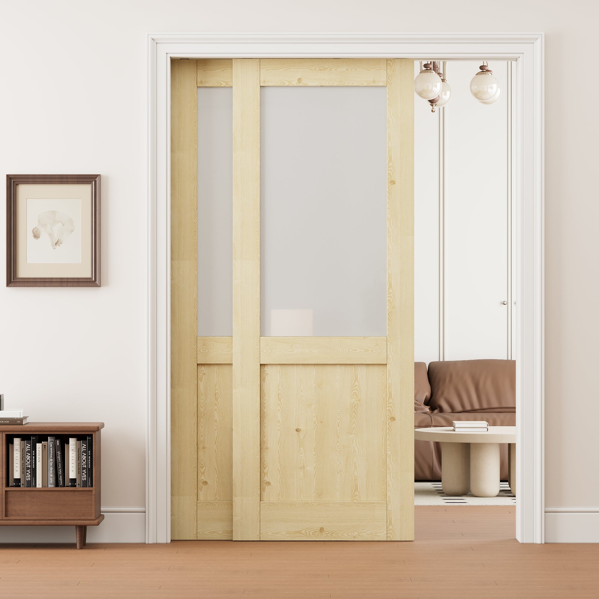 Ark Design Half Lite Frosted Glass Double Bypass Pocket Door with Hardware Kit & Soft Close & Frame, Unfinished Natural Pine Wood