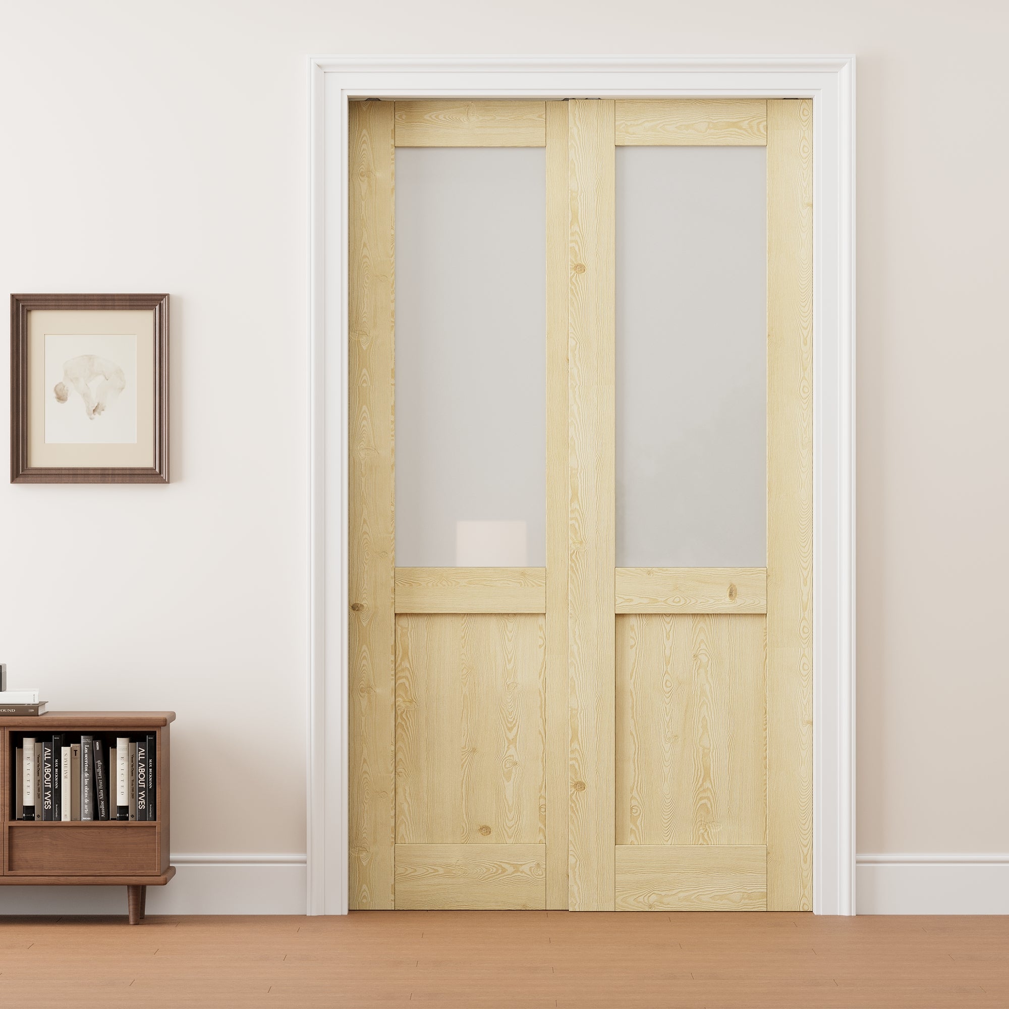 Ark Design Half Lite Frosted Glass Double Bypass Pocket Door with Hardware Kit & Soft Close & Frame, Unfinished Natural Pine Wood