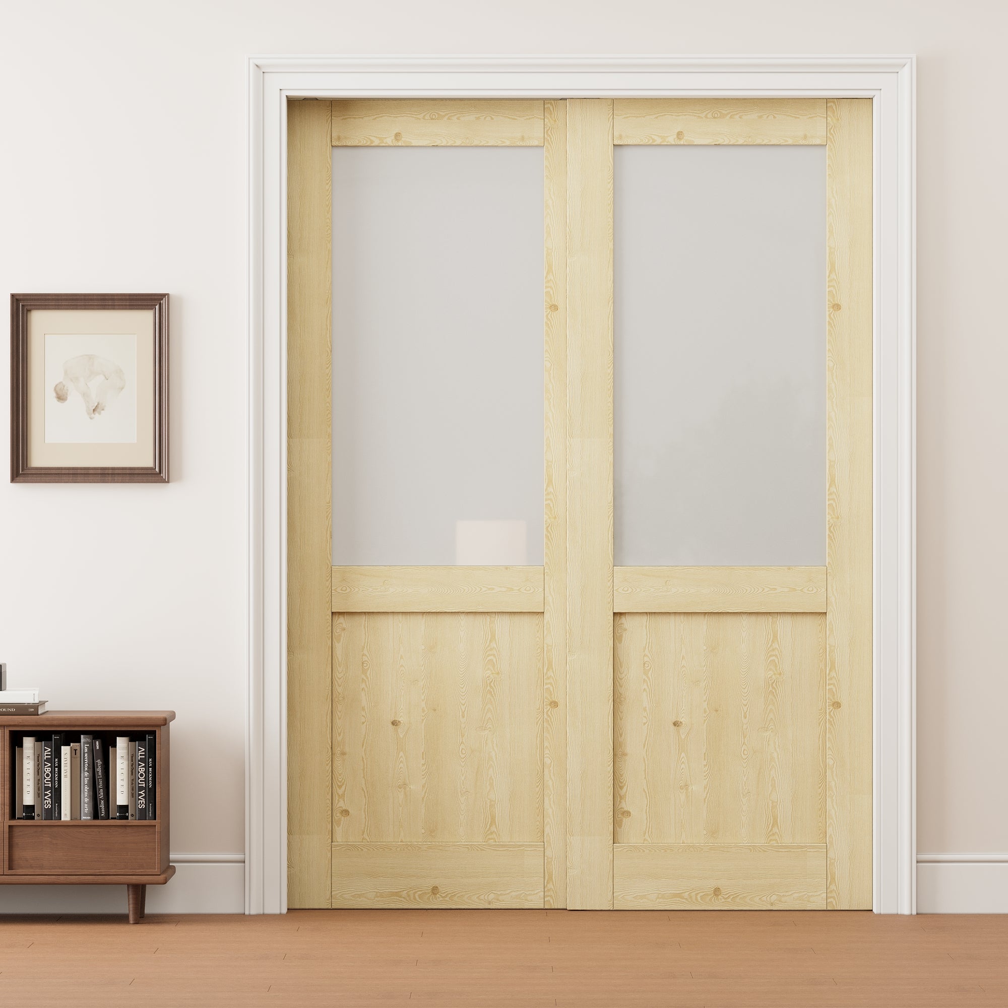 Ark Design Half Lite Frosted Glass Double Bypass Pocket Door with Hardware Kit & Soft Close & Frame, Unfinished Natural Pine Wood