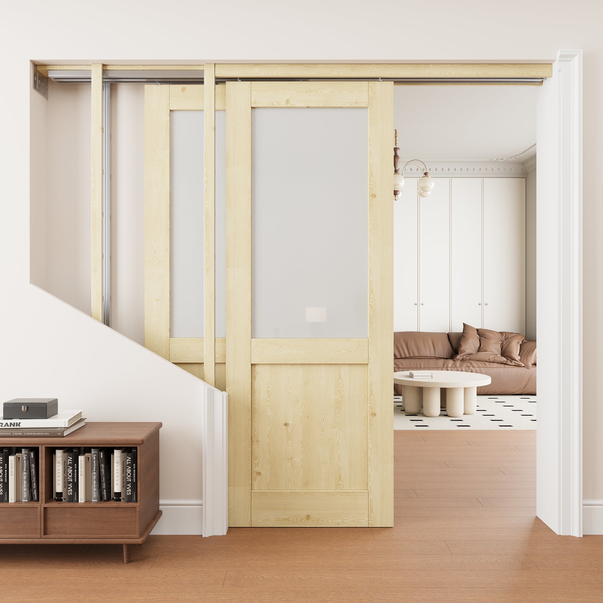 Ark Design Half Lite Frosted Glass Double Bypass Pocket Door with Hardware Kit & Soft Close & Frame, Unfinished Natural Pine Wood