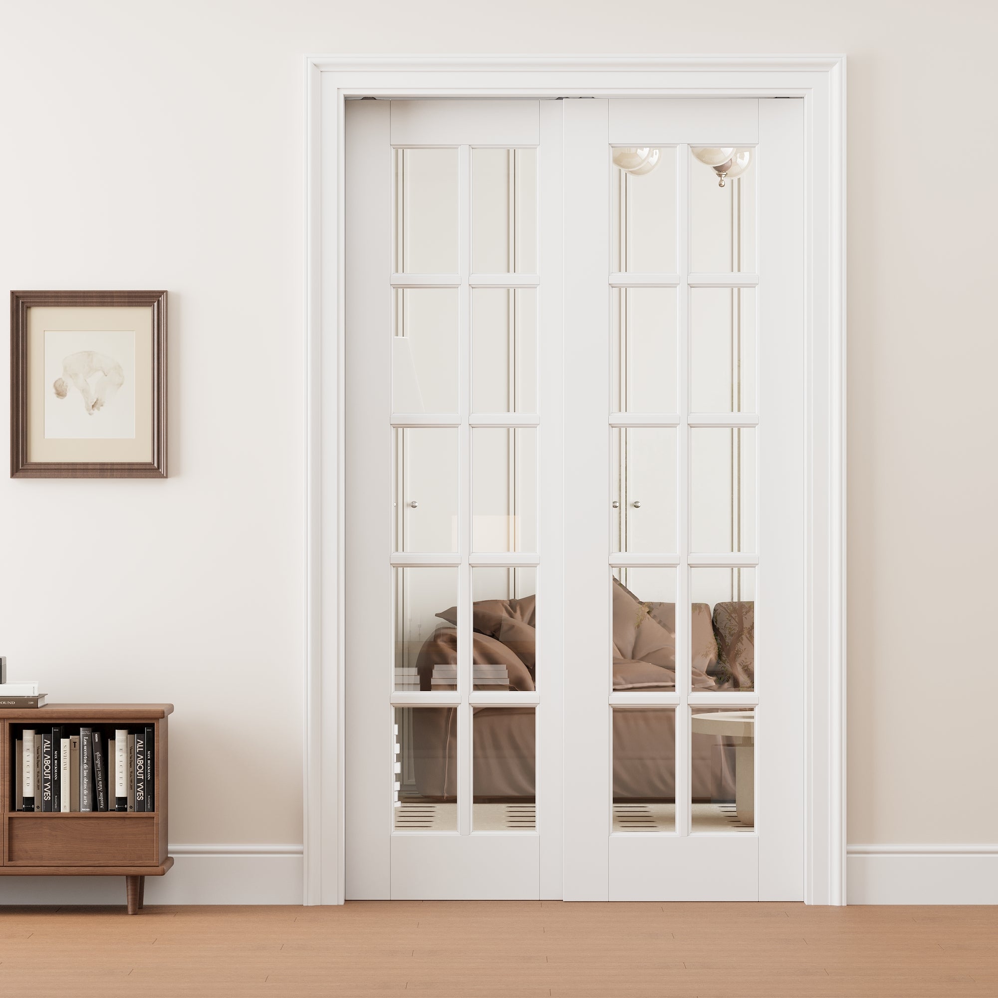 Ark Design 10 Lite Clear Glass Double Bypass Pocket Door with Hardware Kit & Soft Close & Frame, Solid Core MDF Wood & Paint-grade Finished, White