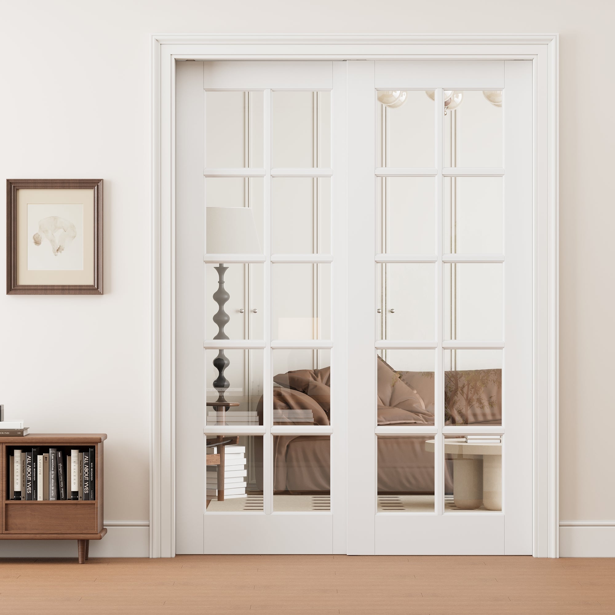 Ark Design 10 Lite Clear Glass Double Bypass Pocket Door with Hardware Kit & Soft Close & Frame, Solid Core MDF Wood & Paint-grade Finished, White